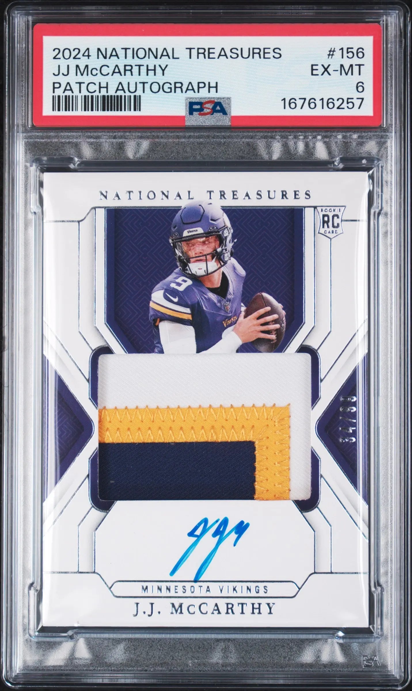 2024 Panini National Treasures #156 Jj Mccarthy Rookie Patch Autograph /99 PSA 6 