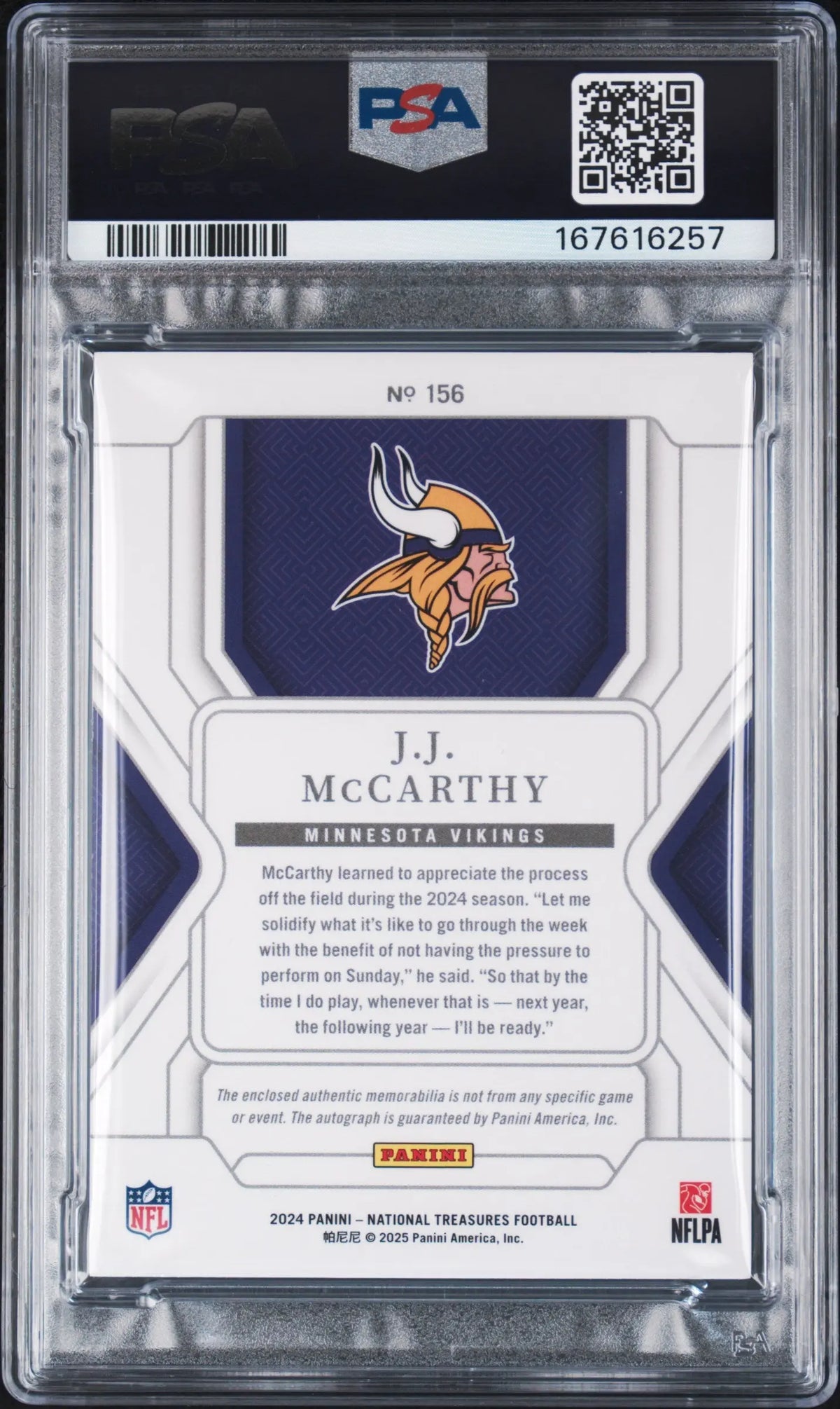 2024 Panini National Treasures #156 Jj Mccarthy Rookie Patch Autograph /99 PSA 6 