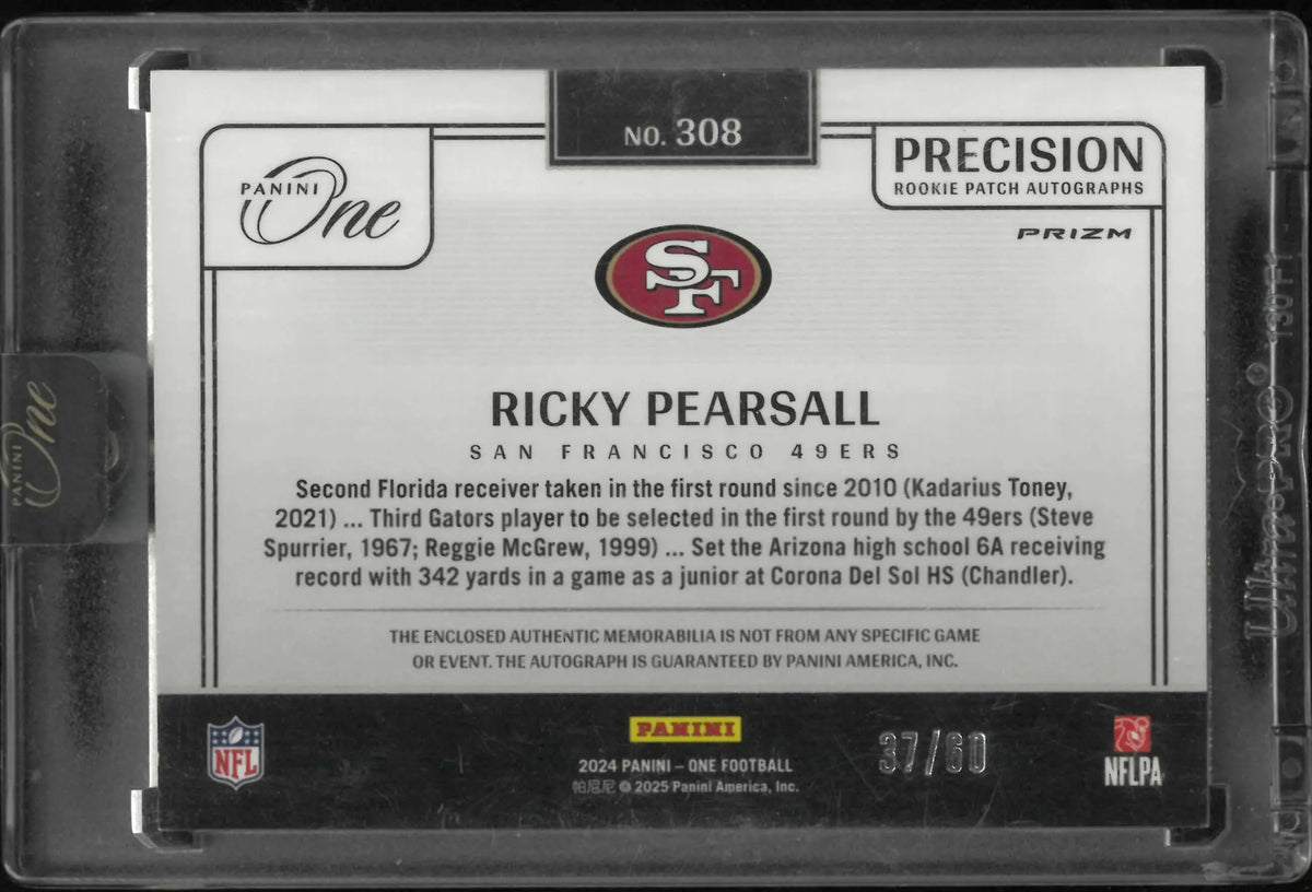 2024 Panini One Rookie Patch Autograph Ricky Pearsall Auto /60 RC 