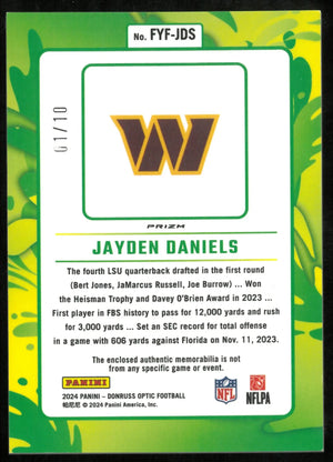 2024 Panini Optic First Year Fresh Green Yellow Rookie Patch Jayden Daniels /10 