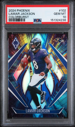 2024 Panini Phoenix Colorburst Lamar Jackson #102 /10 PSA 10 