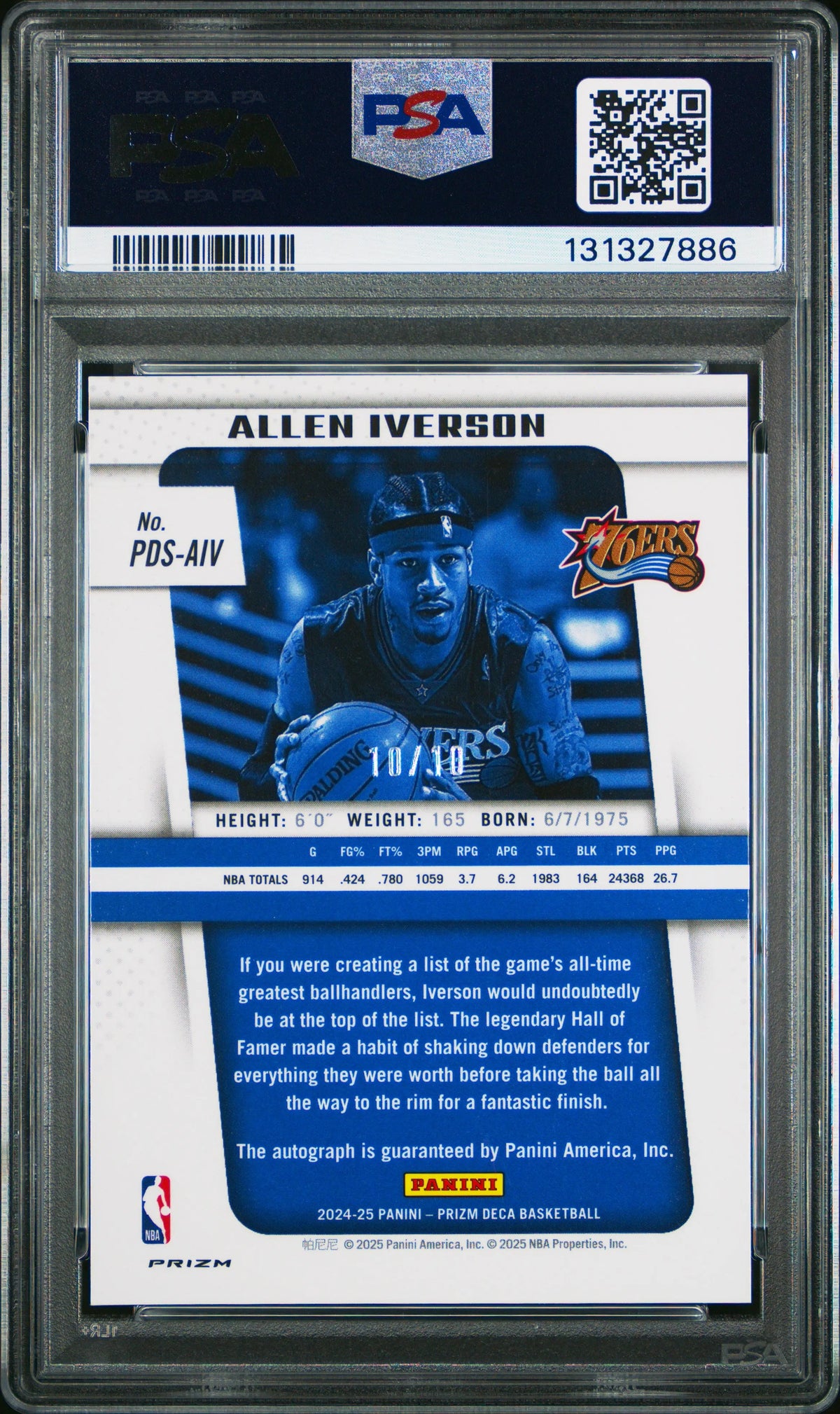 2024 Panini Prizm Deca Autograph Allen Iverson Auto Gold Prizm /10 PSA 9 