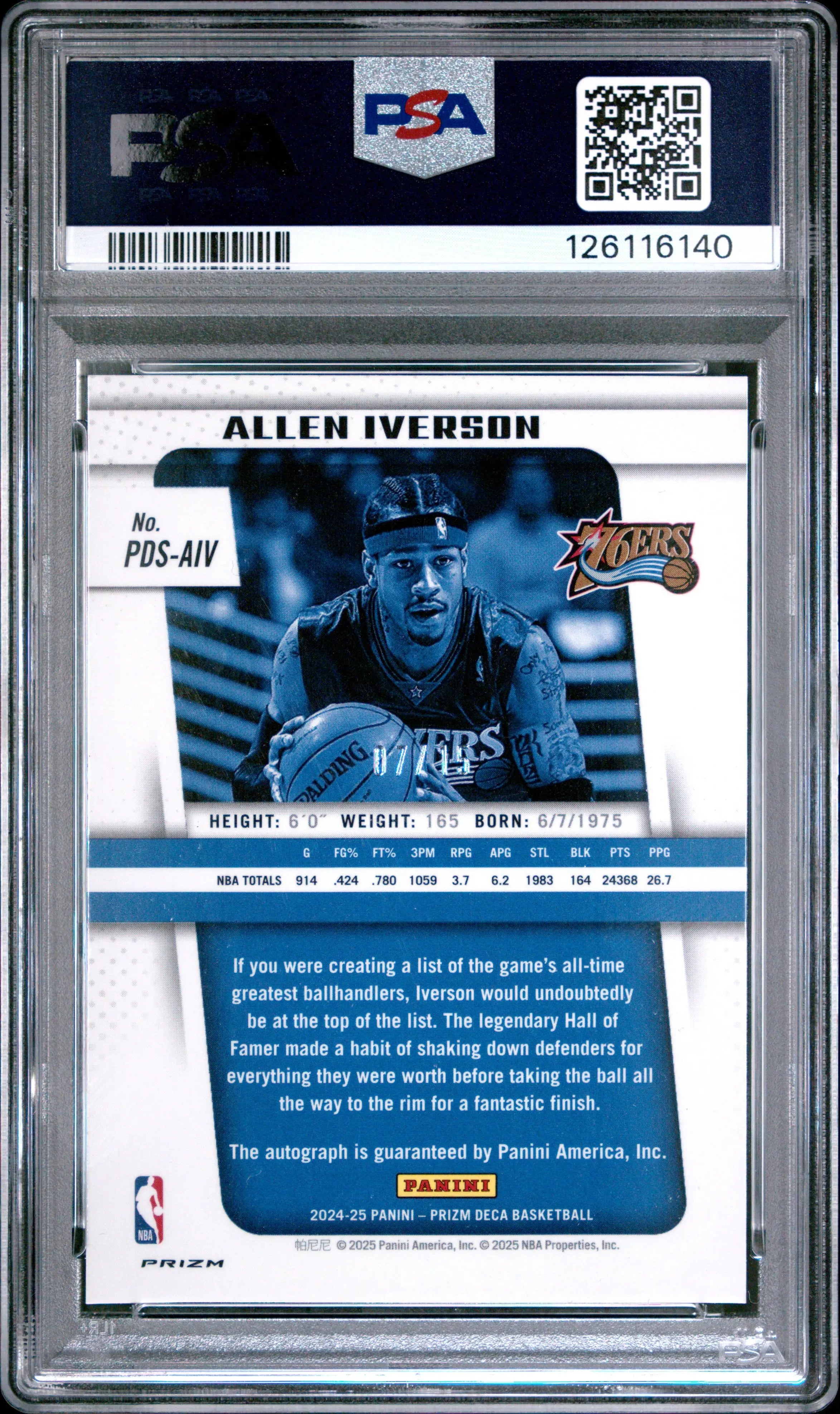 2024 Panini Prizm Deca Autograph Allen Iverson Auto Red Prizm /15 PSA 9 