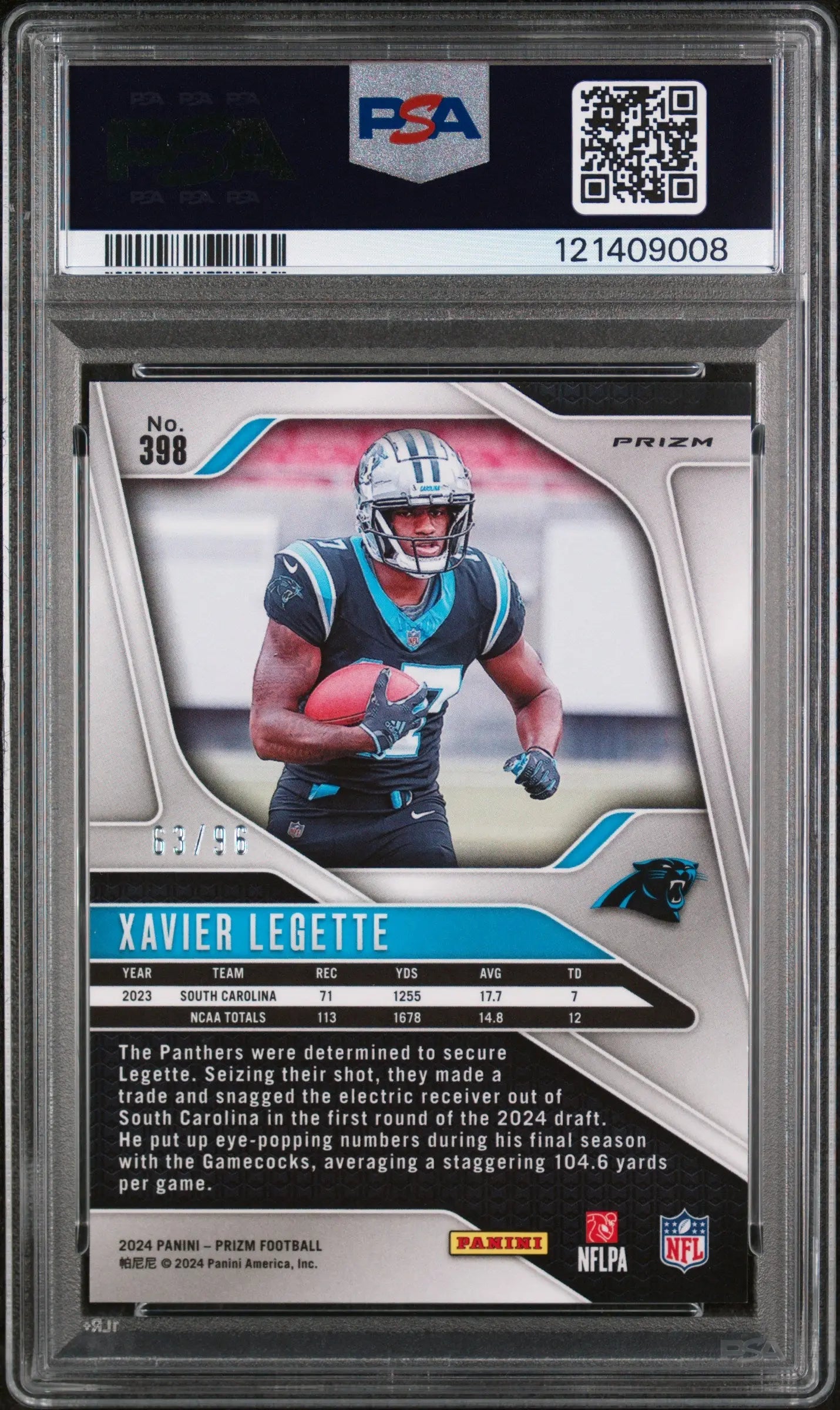2024 Panini Prizm Football Xavier Legette RC Rookie Blue Sparkle PSA 10 /96 
