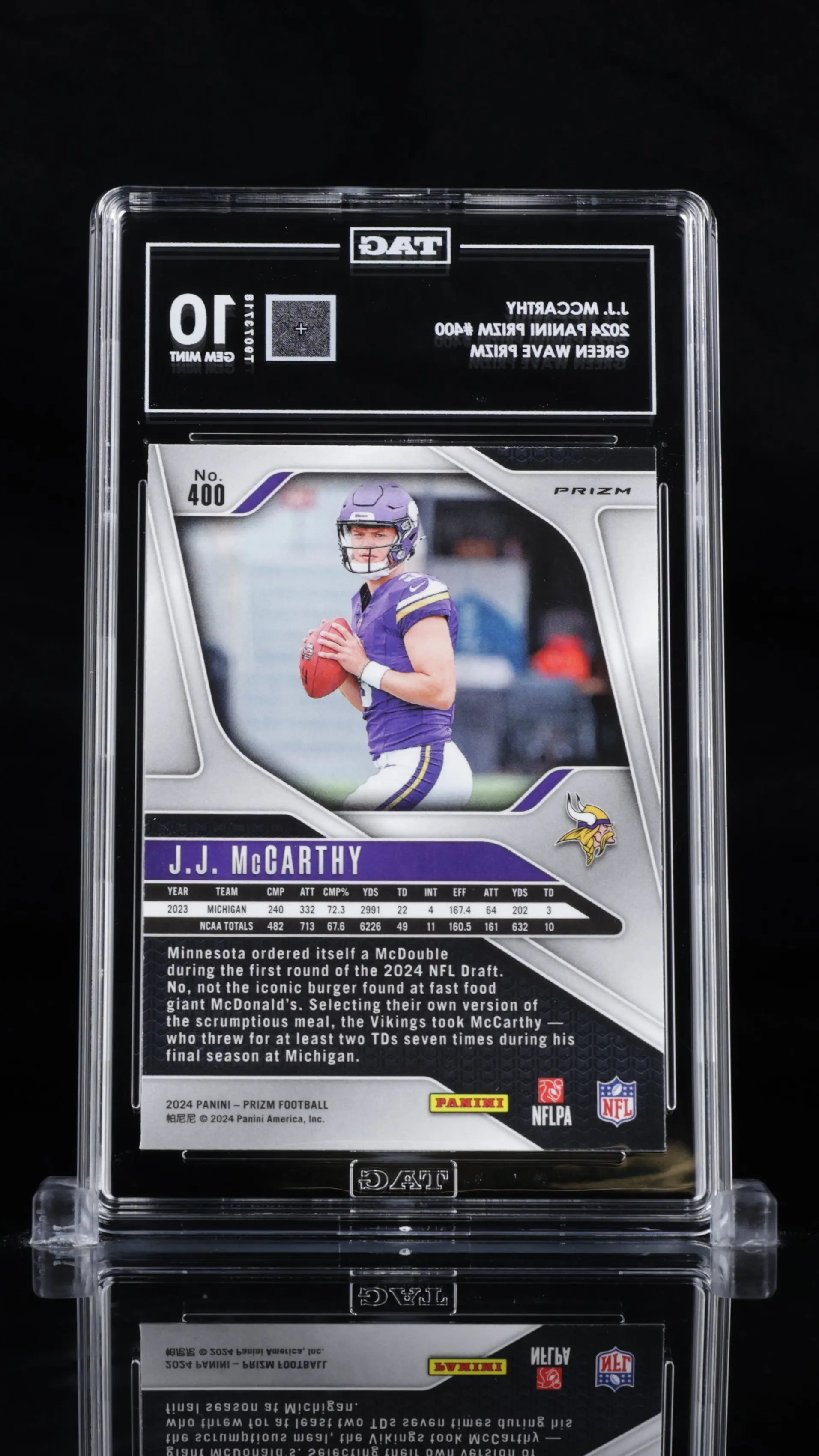 2024 Panini Prizm J.J. McCarthy RC Rookie Green Wave Prizm TAG 10 