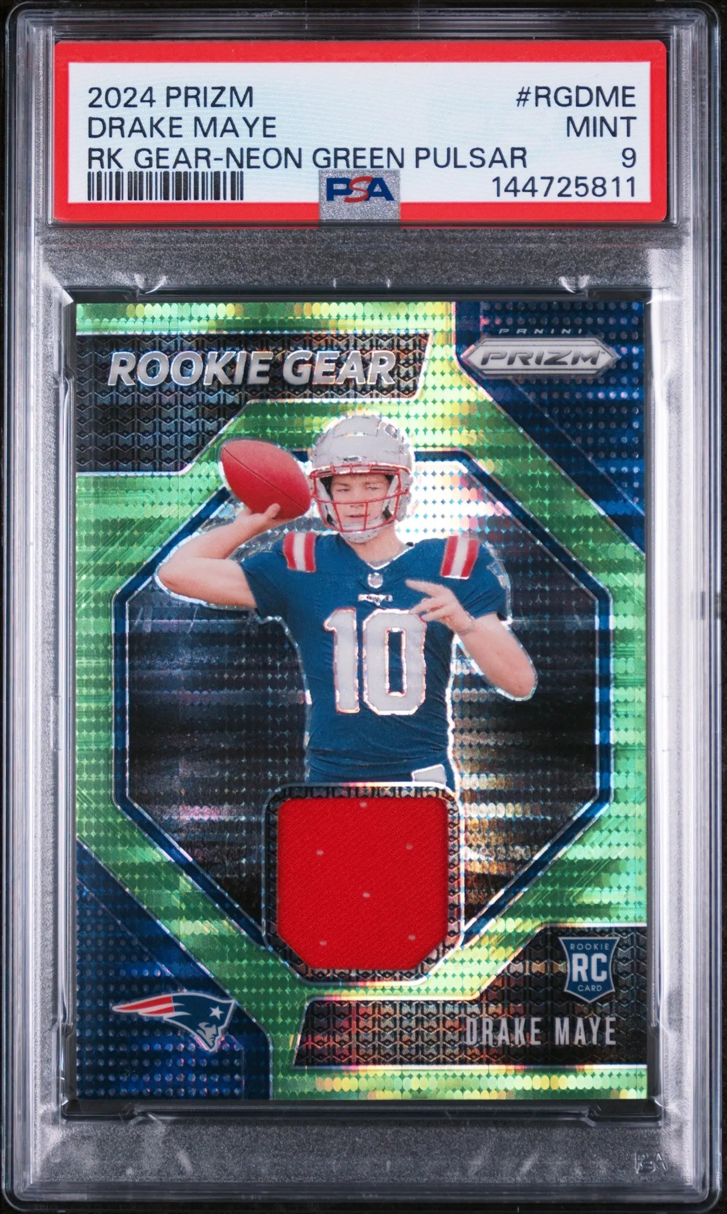 2024 Panini Prizm Rookie Gear Patch Drake Maye Neon Green Pulsar RC PSA 9 