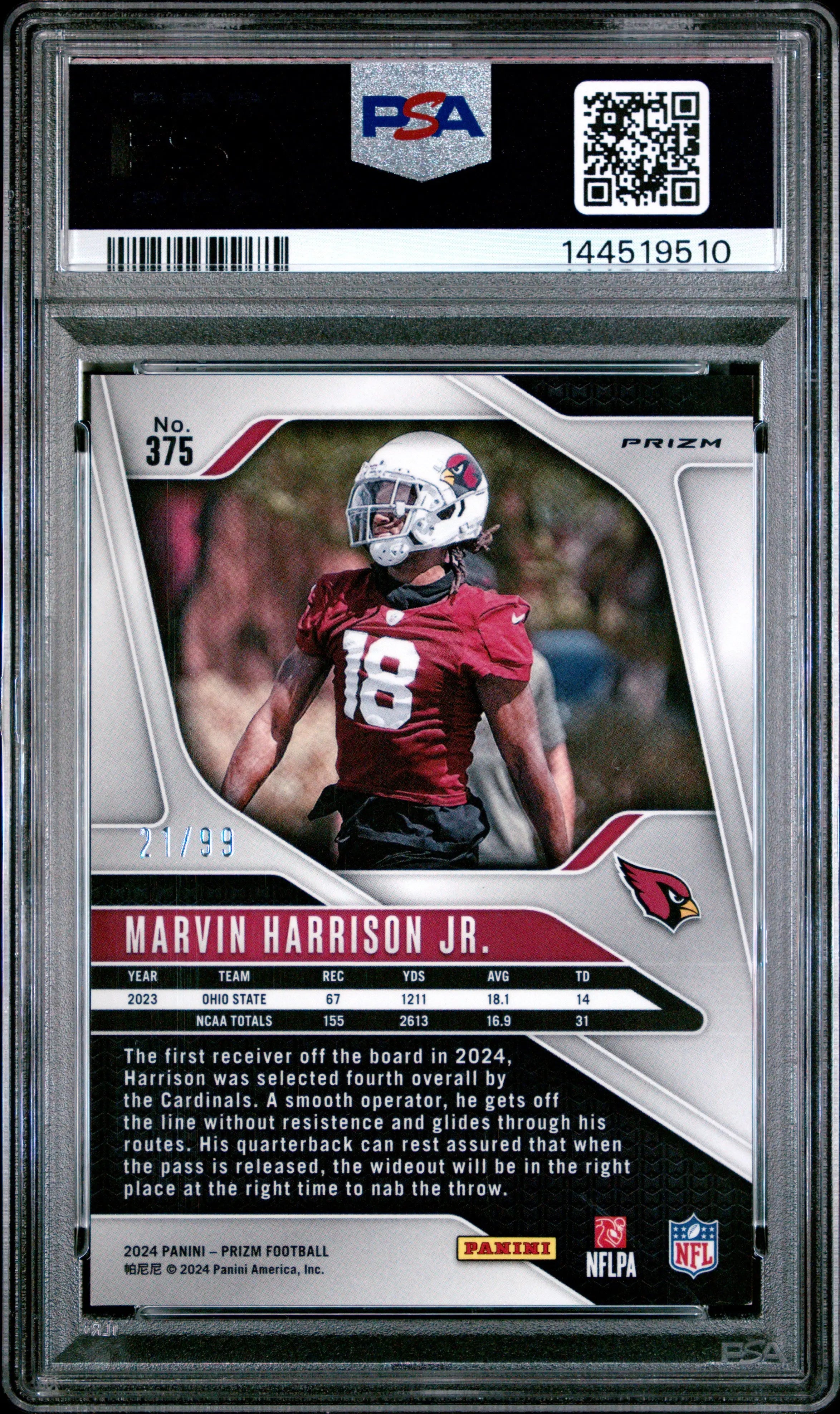 2024 Panini Prizm Rookie Marvin Harrison JR. Purple Wave RC /99 PSA 9 
