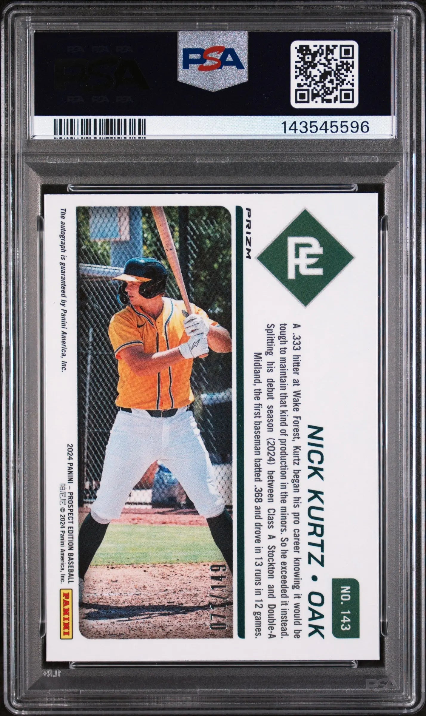 2024 Panini Prospect Edition Ticket Nick Kurtz RC Rookie Auto Blue PSA 9 /149 