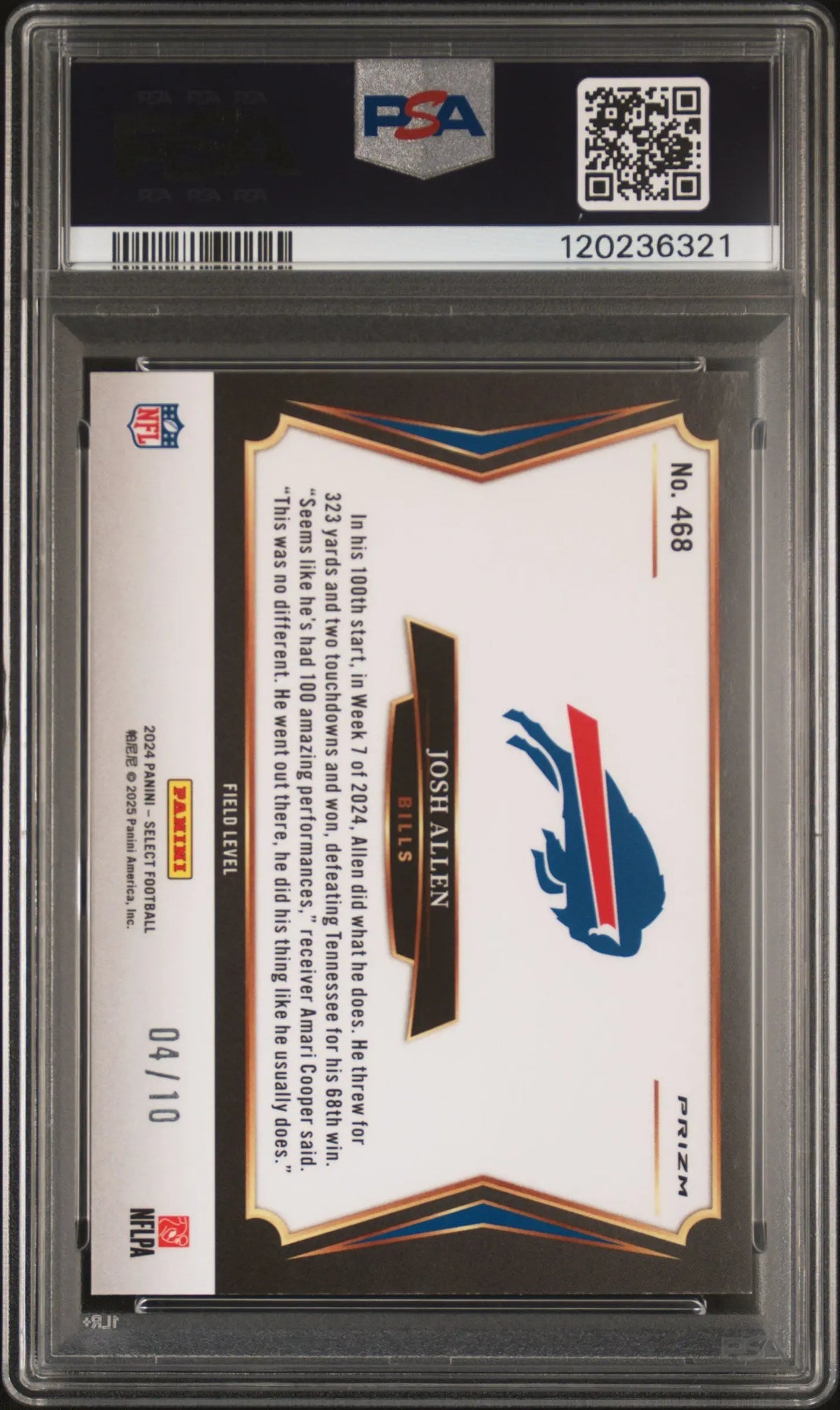 2024 Panini Select Josh Allen Gold Prizm /10 PSA 10 