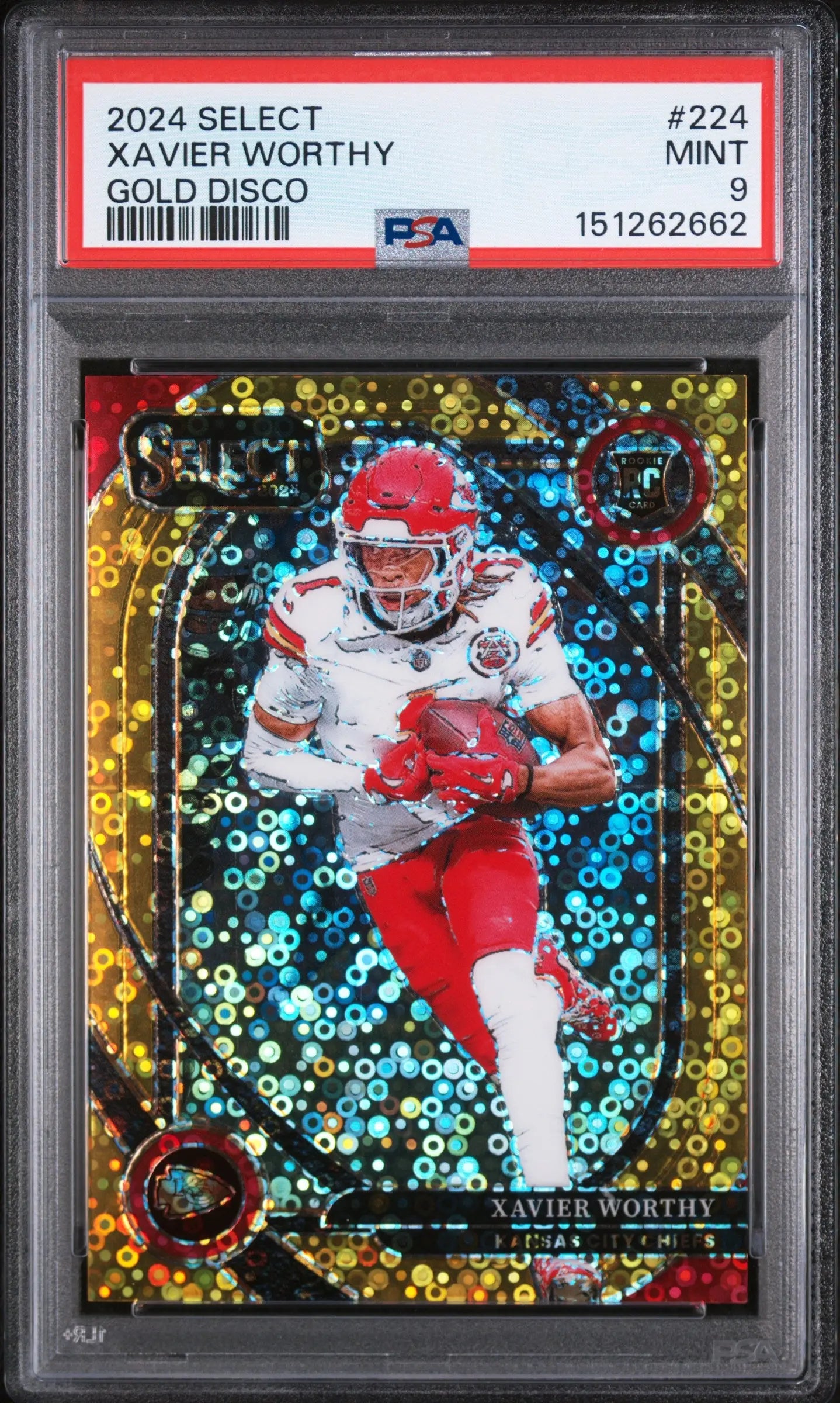 2024 Panini Select Rookie Xavier Worthy Gold Disco Jersey # /10 RC PSA 9 