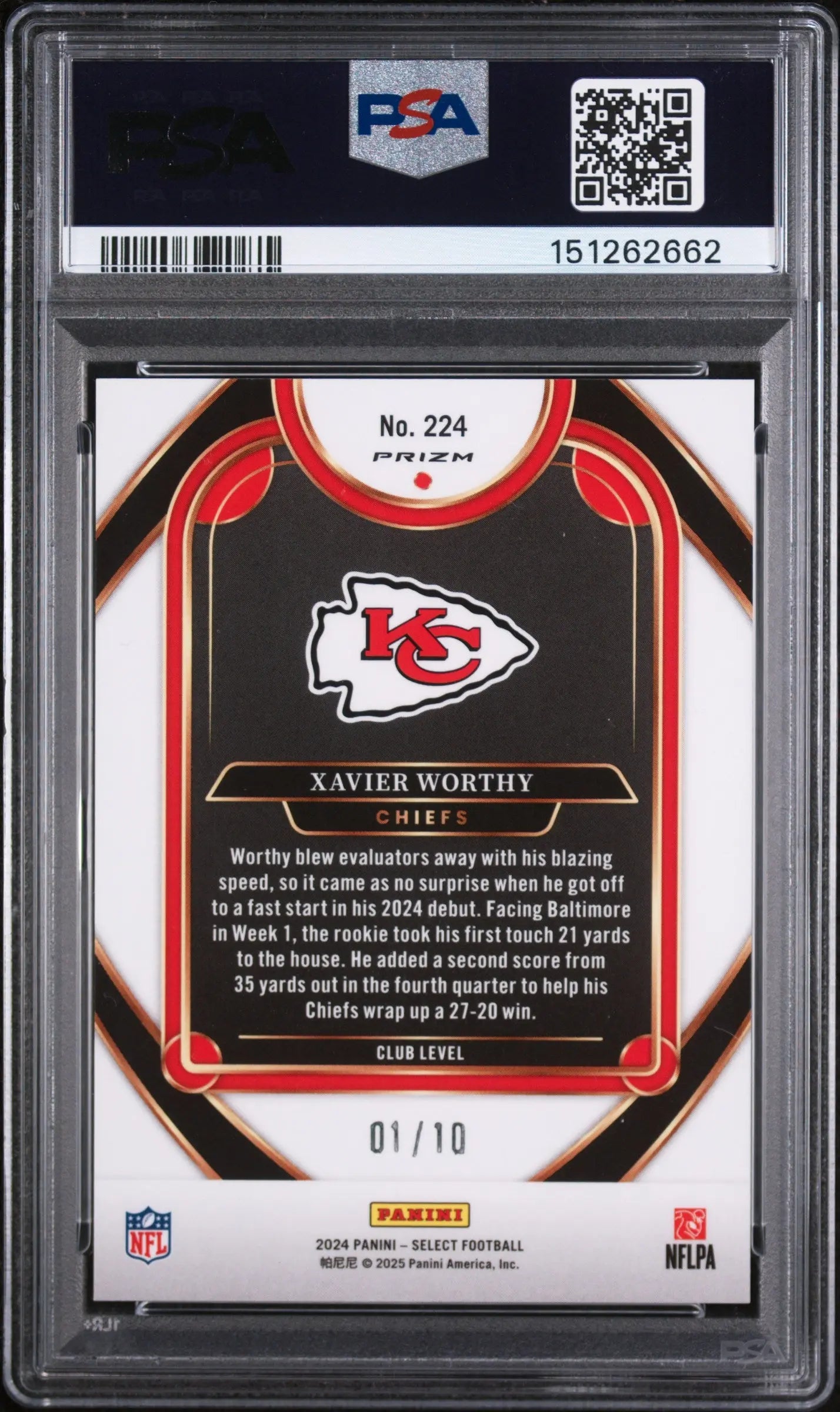 2024 Panini Select Rookie Xavier Worthy Gold Disco Jersey # /10 RC PSA 9 