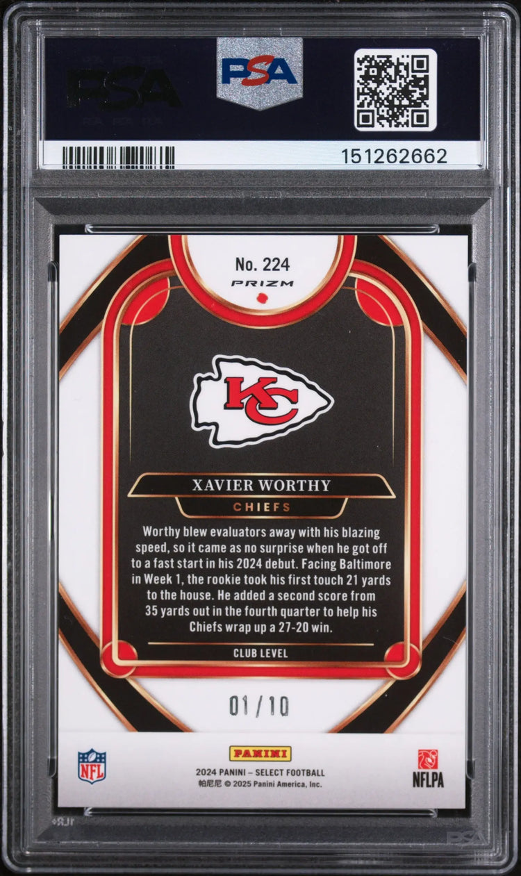 2024 Panini Select Rookie Xavier Worthy Gold Disco Jersey # /10 RC PSA 9 