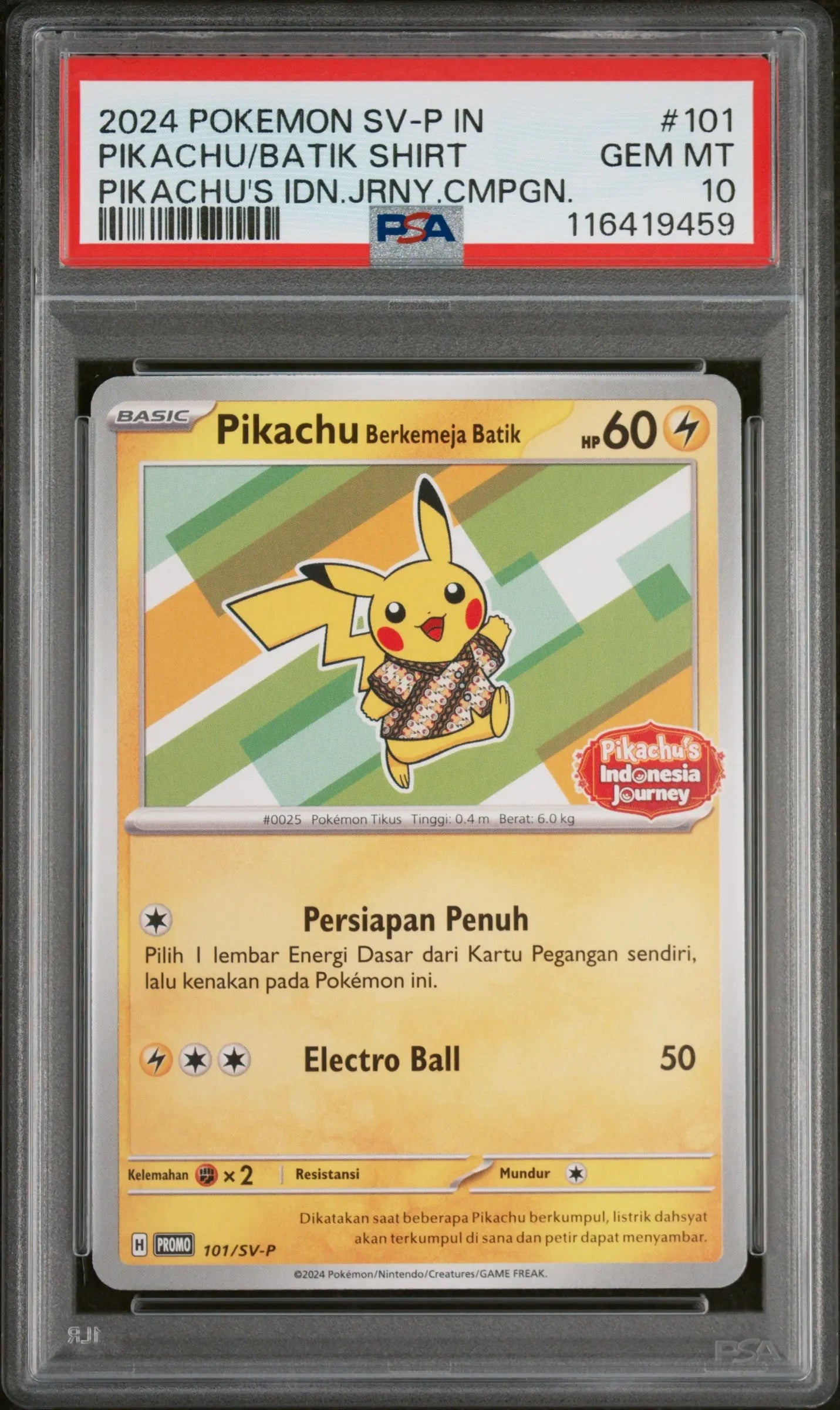2024 Pokemon Indonesian SV-P Promo Pikachu Batik Shirt Pikachu's  BB. 101 PSA 10 