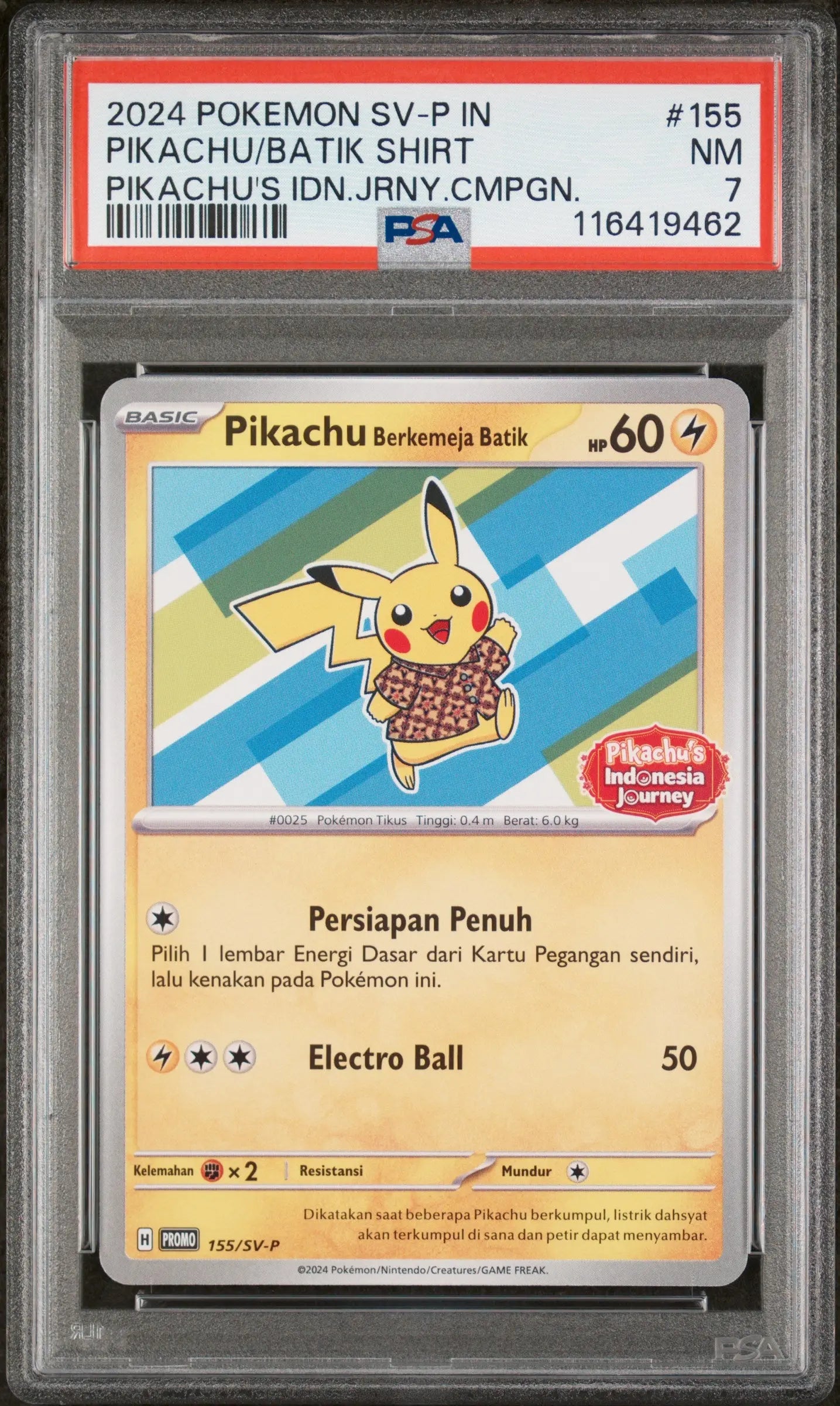 2024 Pokemon Indonesian SV-P Promo Pikachu Batik Shirt Pikachu's BB. 155 PSA 7 