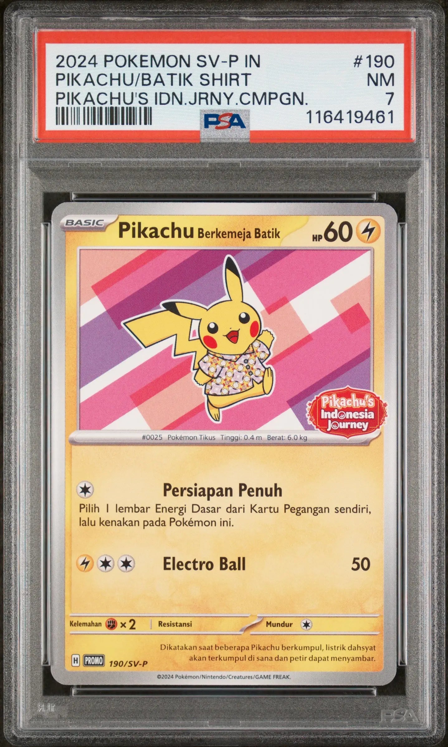 2024 Pokemon Indonesian SV-P Promo Pikachu Batik Shirt Pikachu's BB. 190 PSA 7 