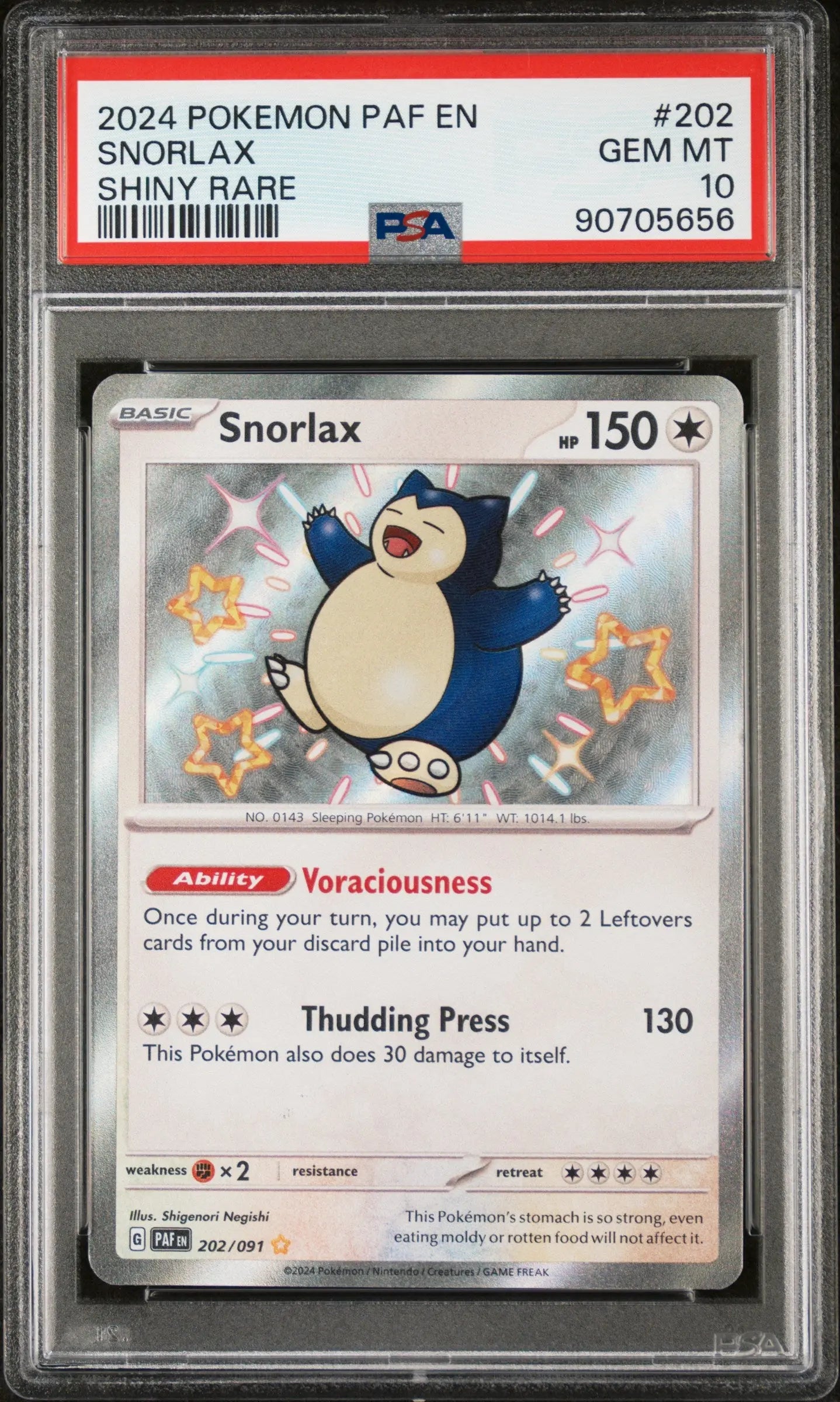 2024 Pokemon Paf EN-Paldean Fates Snorlax Shiny Rare 202/091 PSA 10 