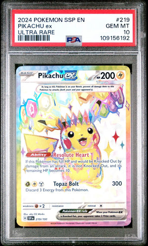 2024 Pokemon SSP EN Surging Sparks 219/191 Pikachu ex Ultra Rare PSA 10 
