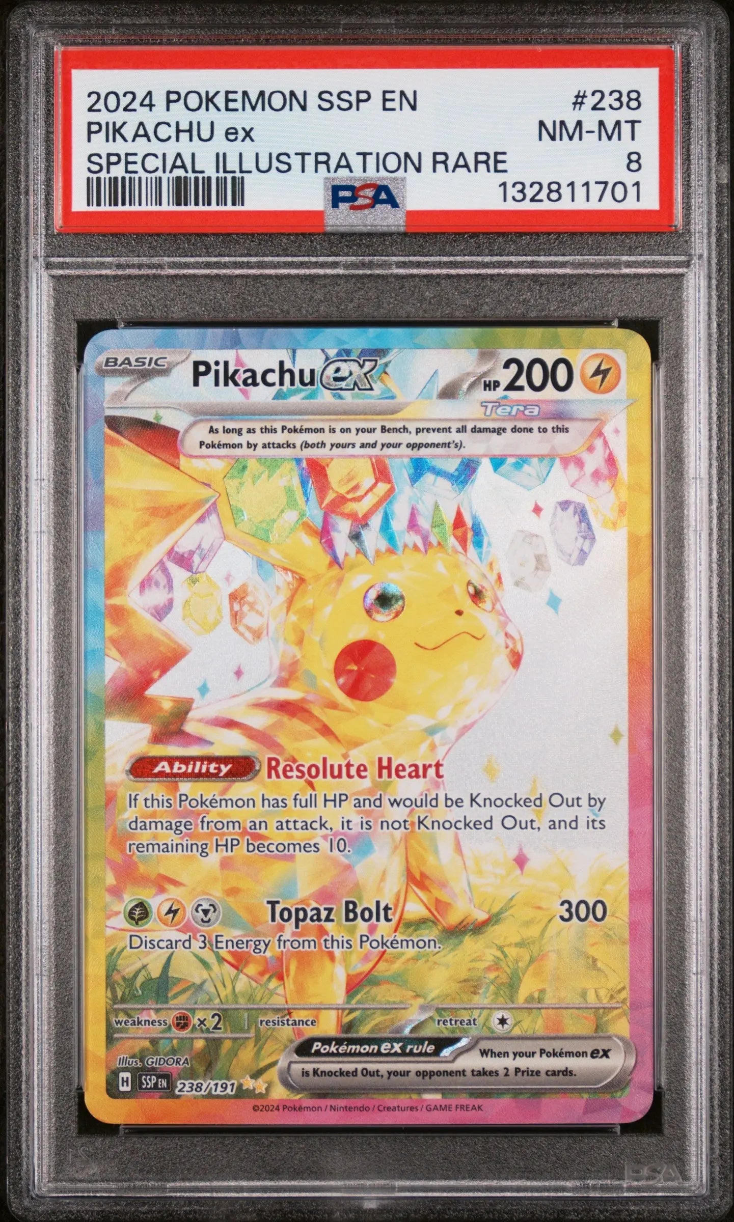 2024 Pokemon Surging Sparks 238/191 Pikachu Ex Special Illustration Rare PSA 8 