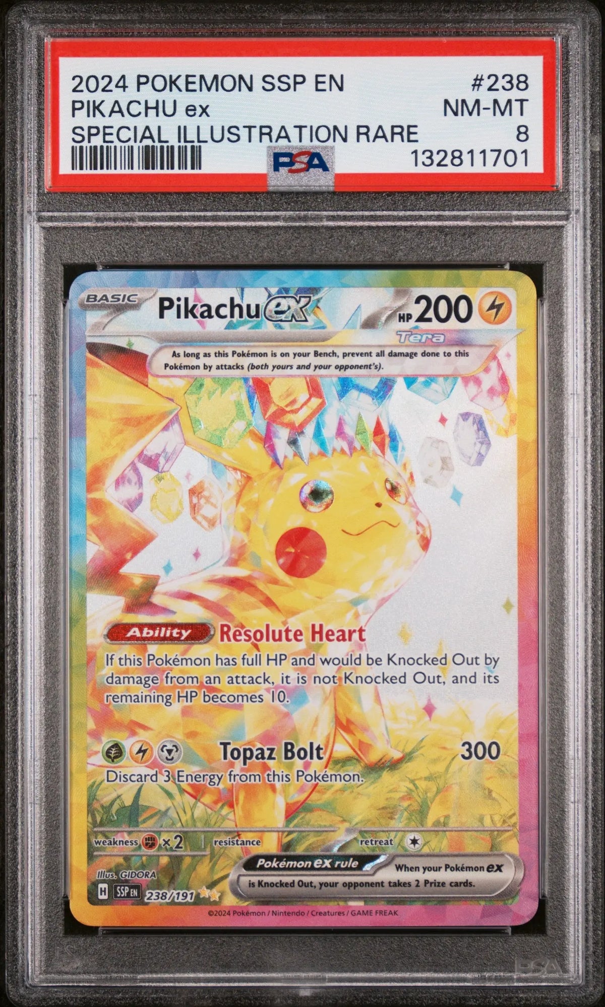2024 Pokemon Surging Sparks 238/191 Pikachu Ex Special Illustration Rare PSA 8 