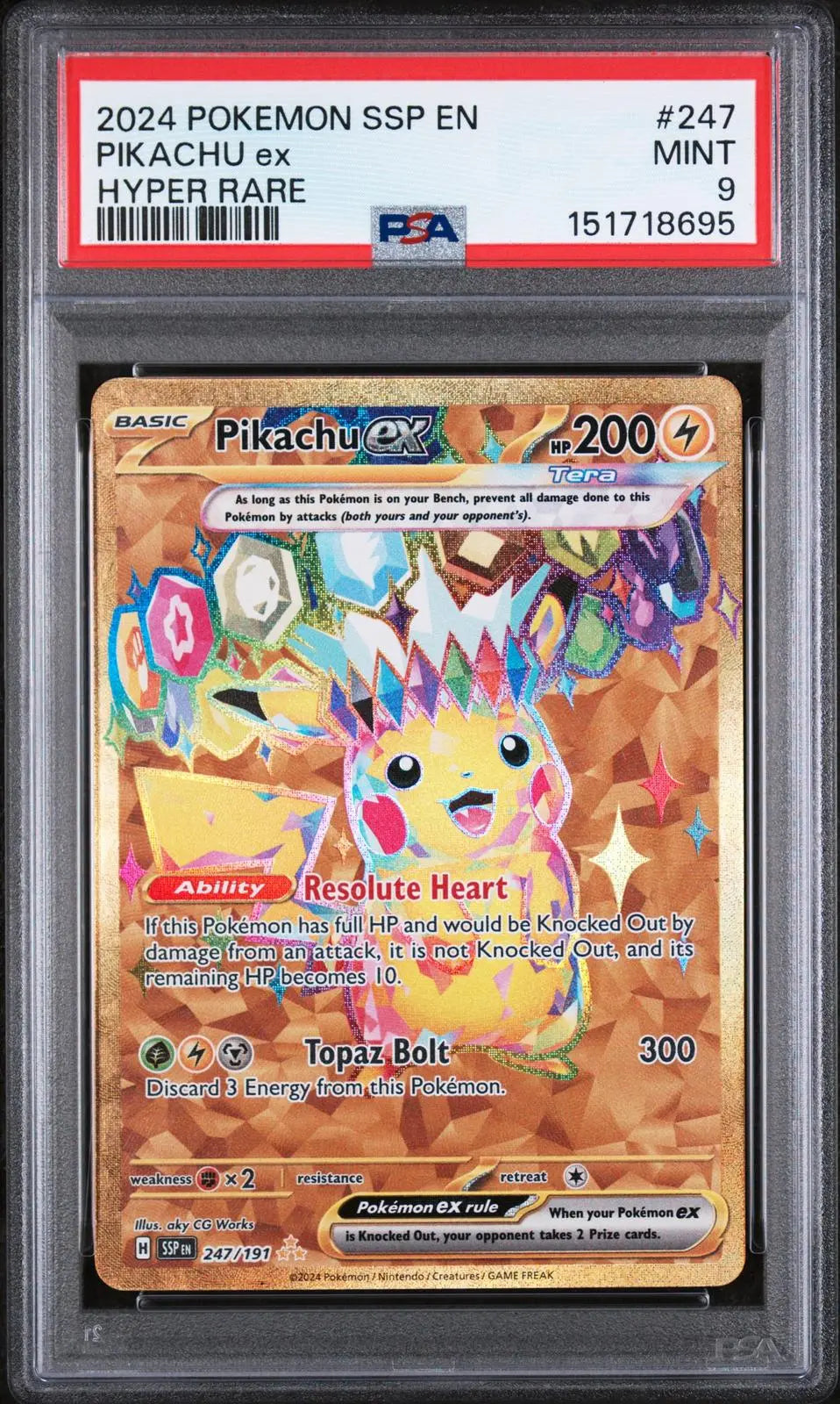 2024 Pokemon Surging Sparks Pikachu Ex Hyper Rare 247/191 PSA 9 