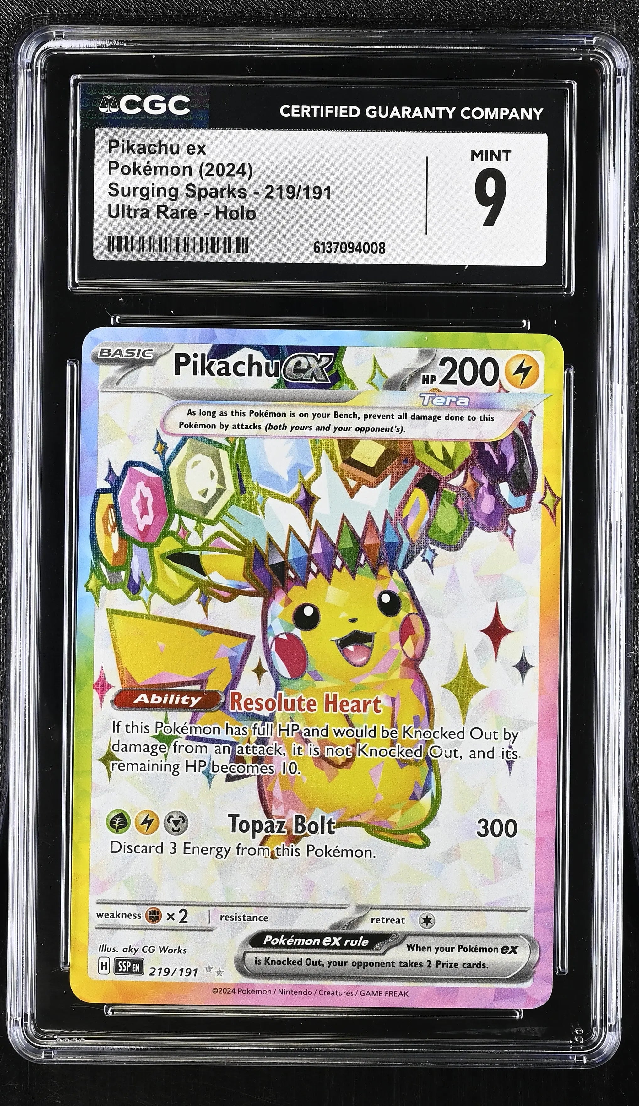 2024 Pokemon Surging Sparks Pikachu ex Holo Ultra Rare CGC 9 219/191 