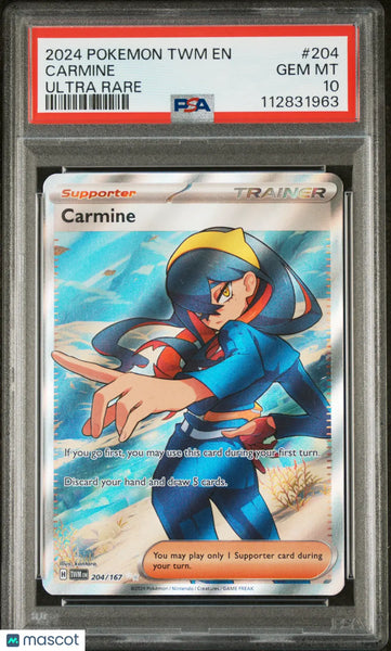 PSA 10 204/167 Pokemon Card - Ultra Rare 2024 TWM EN-Twilight Masquerade Carmine PSA 10 204/167 Pokemon Card - Ultra Rare 2024 TWM EN-Twilight Masquerade Carmine