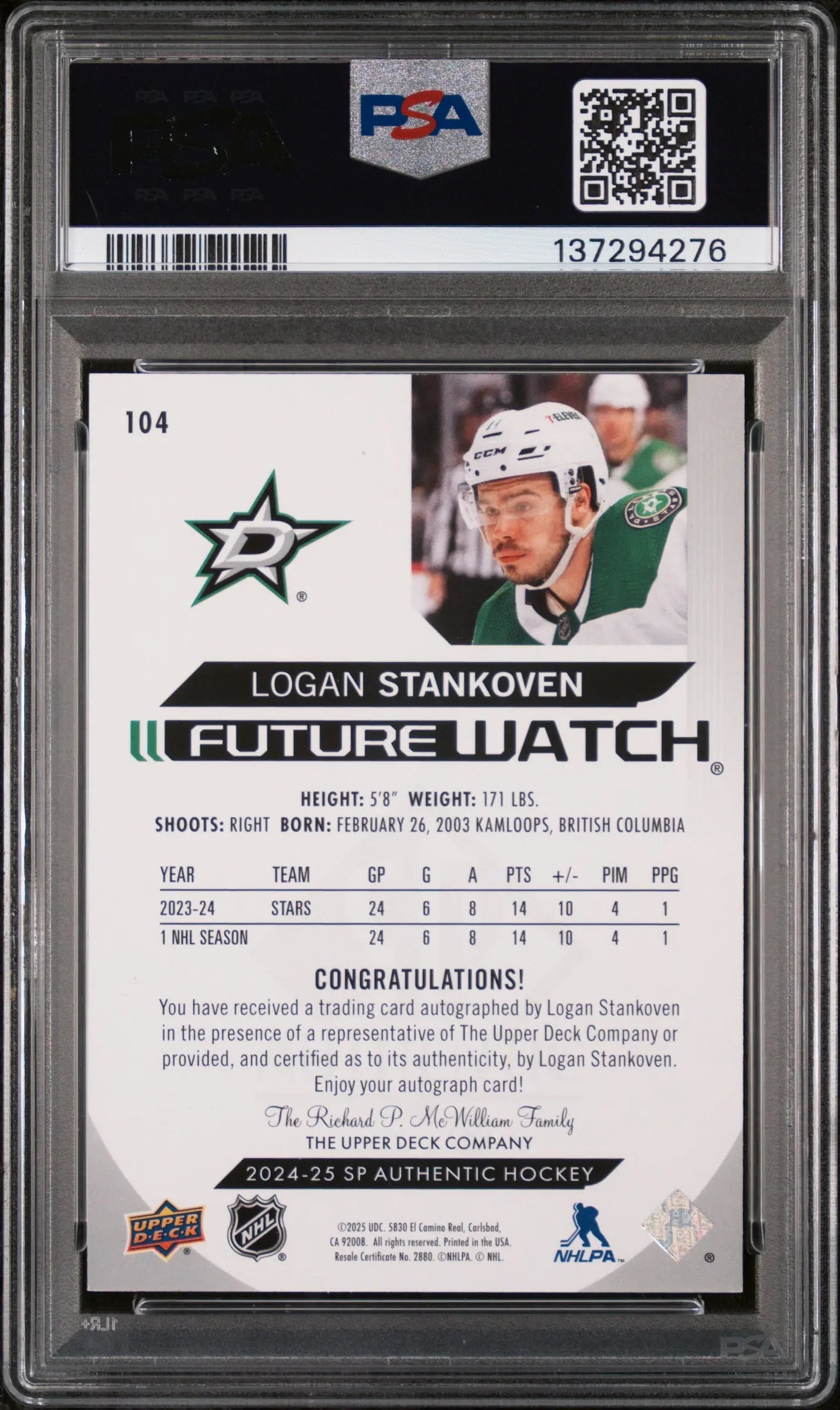 2024 SP Authentic Horizontal Future Watch Rookie Auto Logan Stankoven /199 PSA 9 
