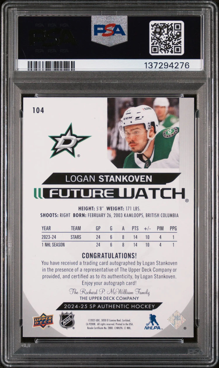 2024 SP Authentic Horizontal Future Watch Rookie Auto Logan Stankoven /199 PSA 9 
