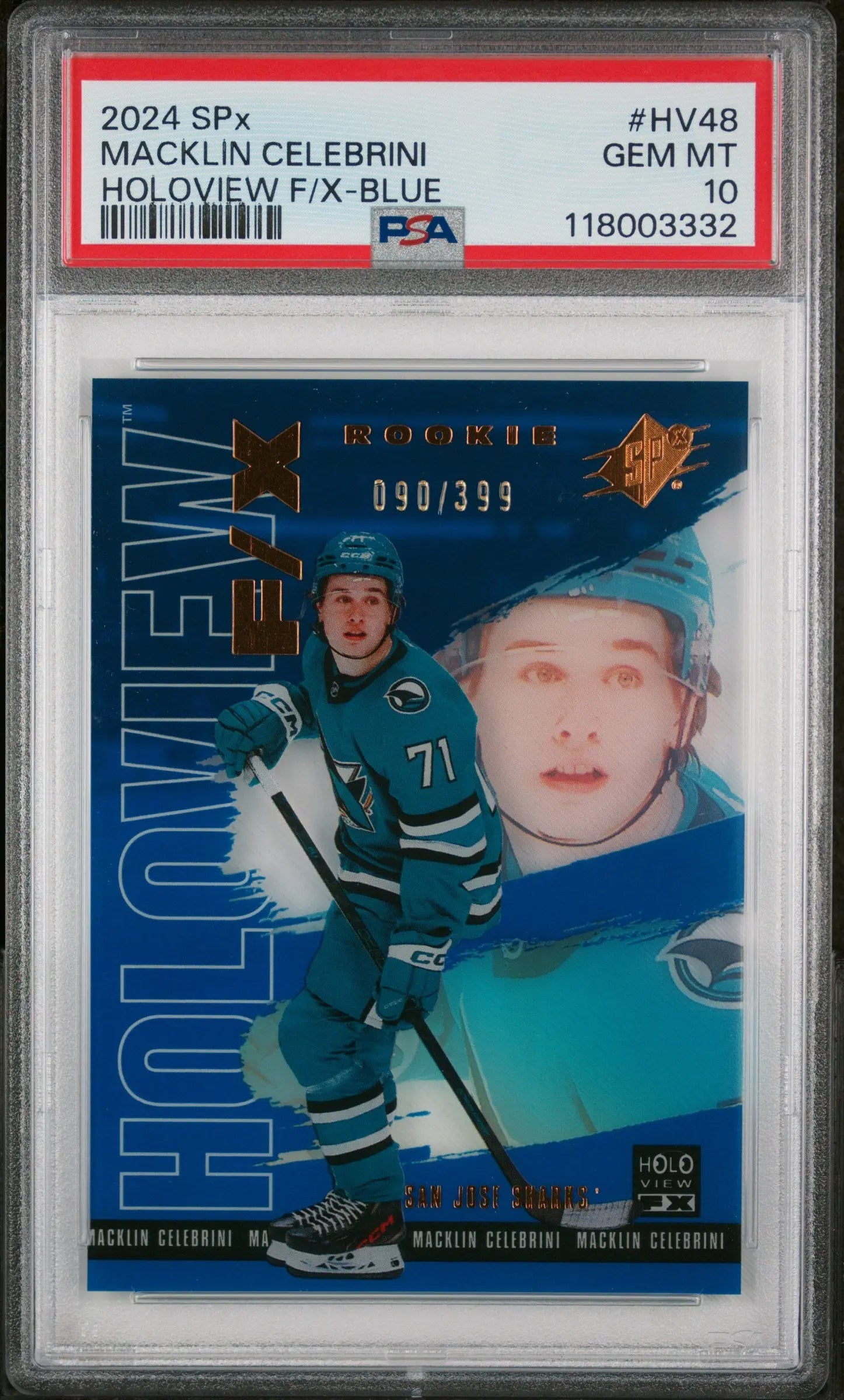 2024 SPX Holoview F/X Rookie Macklin Celebrini Blue /399 RC PSA 10 