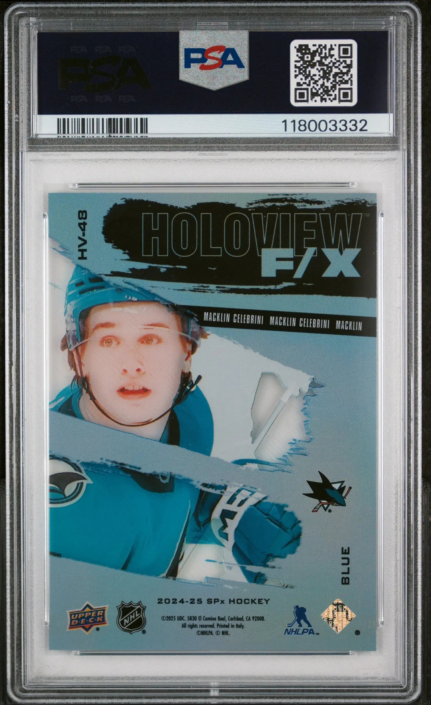 2024 SPX Holoview F/X Rookie Macklin Celebrini Blue /399 RC PSA 10 