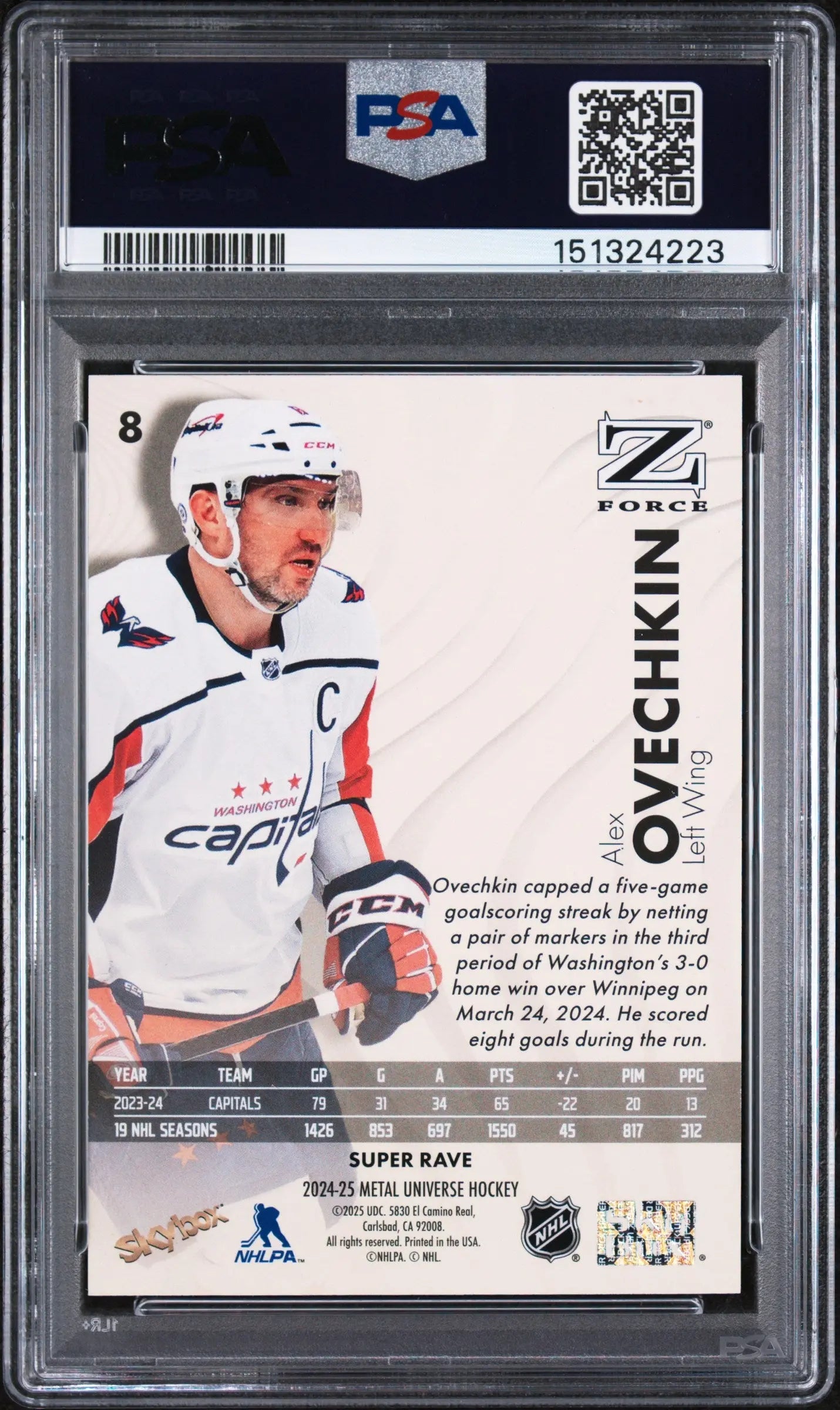 2024 Skybox Metal Universe Z-Force Alex Ovechkin Super Rave /50 PSA 9 