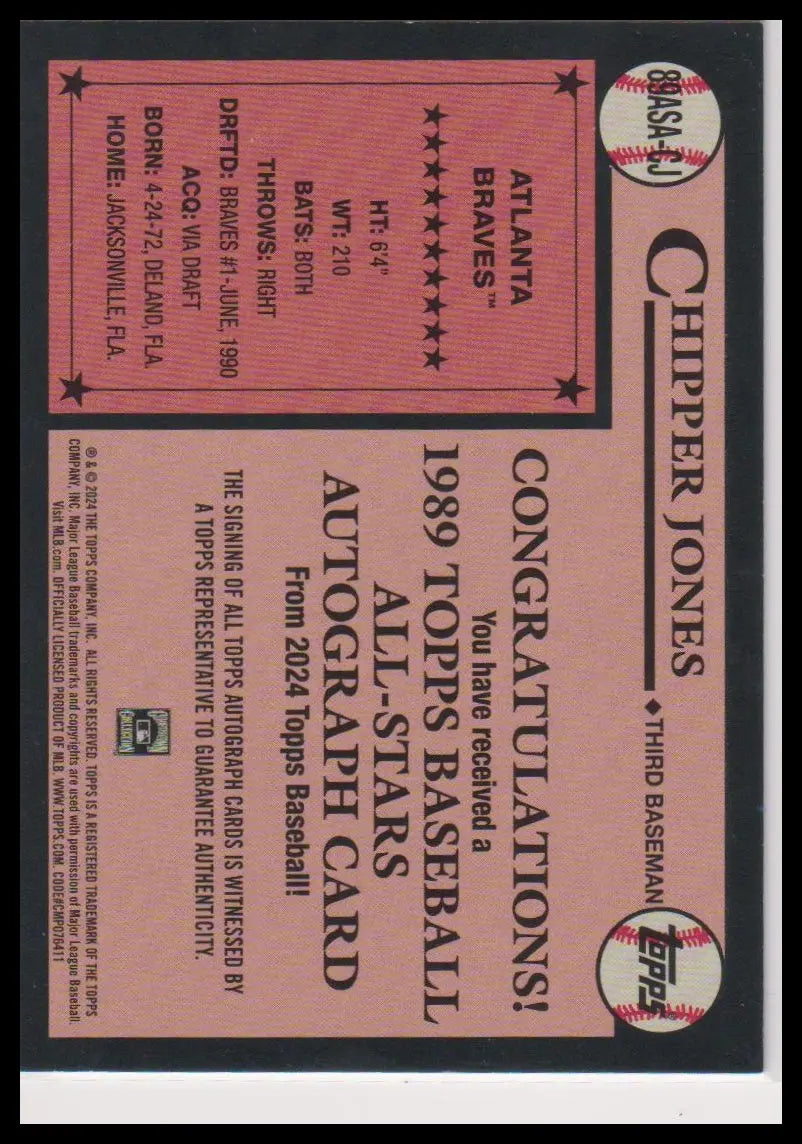 2024 Topps 1989 All-Stars Autograph Chipper Jones Auto /50 