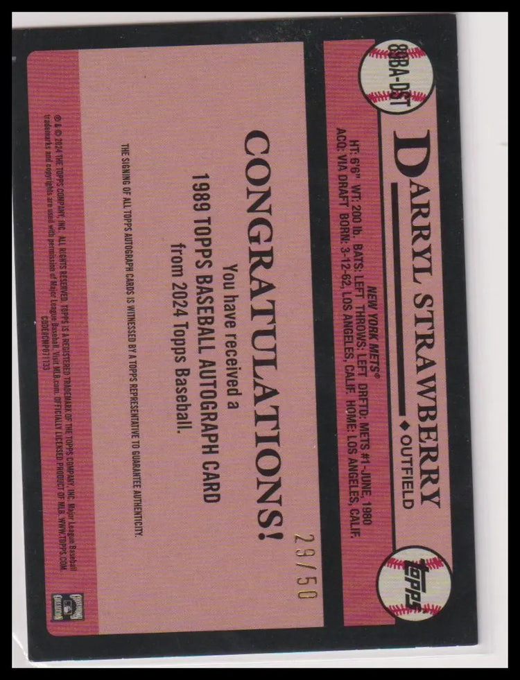2024 Topps 1989 Topps Autograph Darryl Strawberry Auto /50 