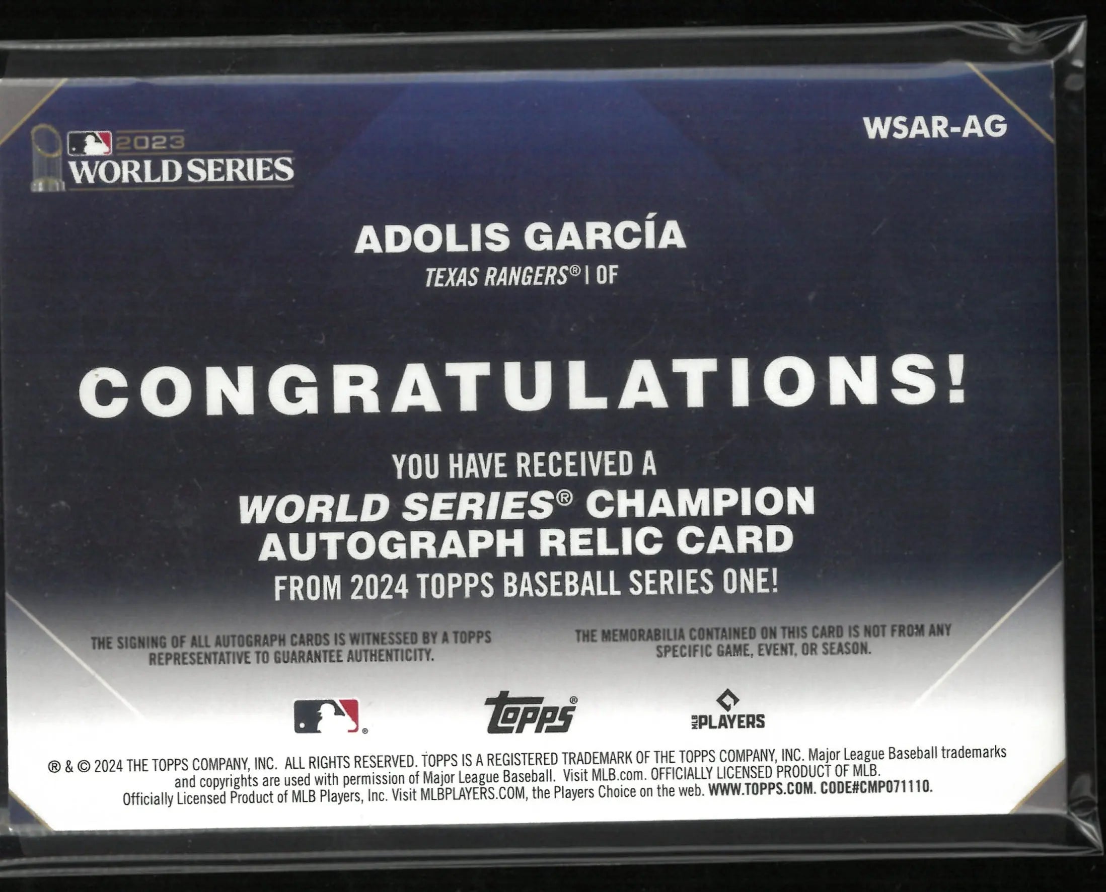 2024 Topps Baseball Series 1 2023 World Series Champion Auto Patch Adolis Garcia /50 