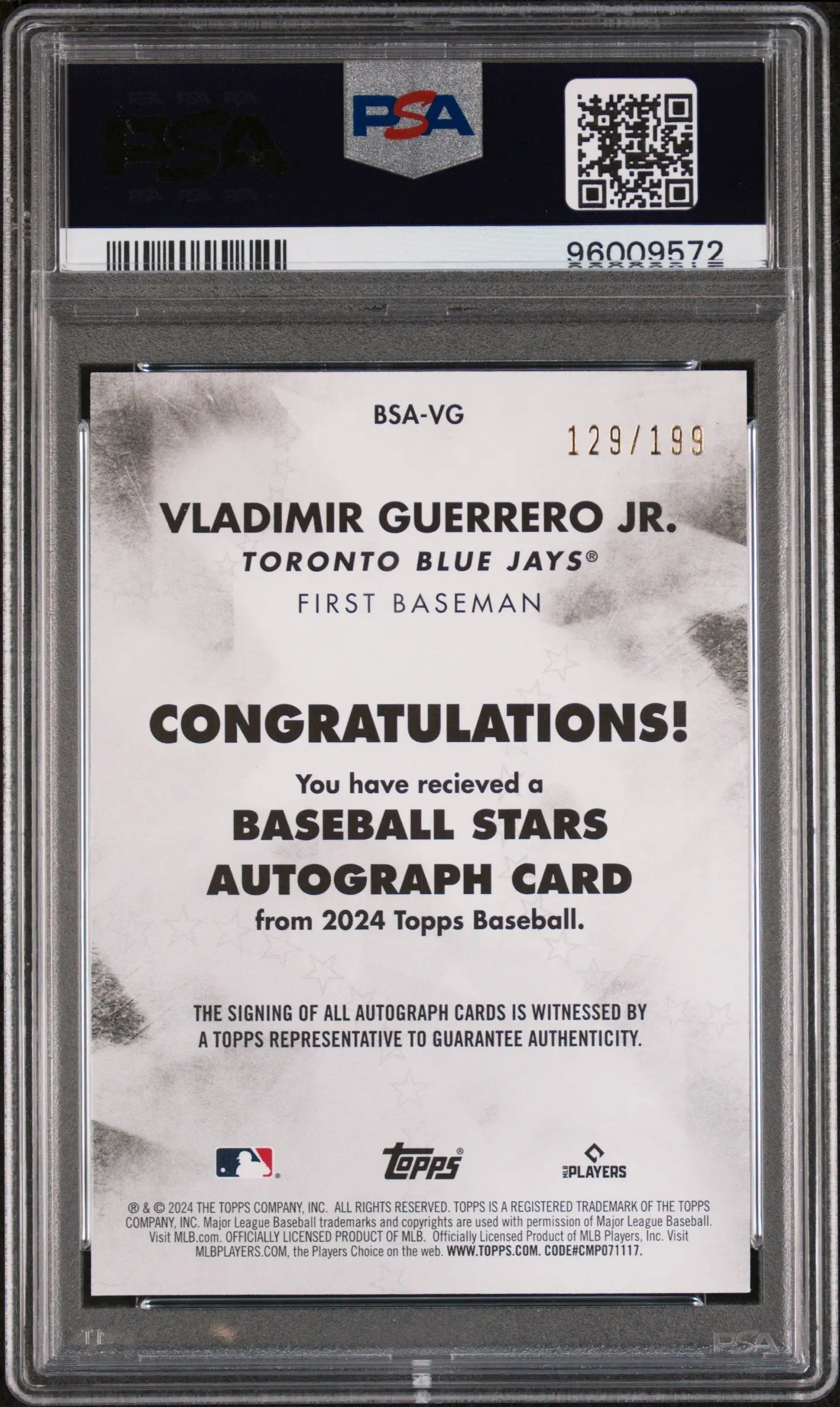 2024 Topps Baseball Stars Autographs Vladimir Guerrero Jr. Auto Black PSA 9 