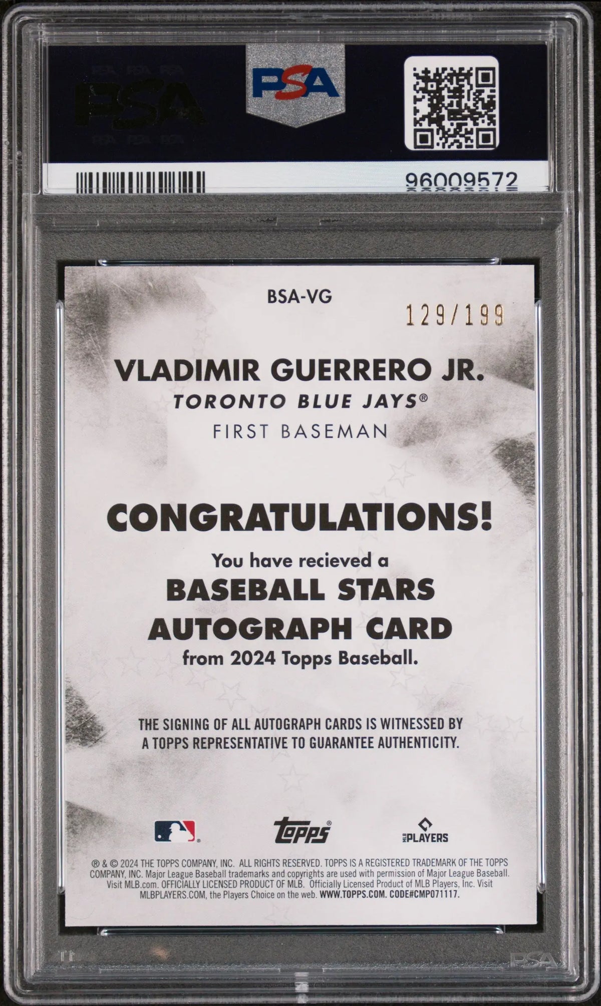 2024 Topps Baseball Stars Autographs Vladimir Guerrero Jr. Auto Black PSA 9 