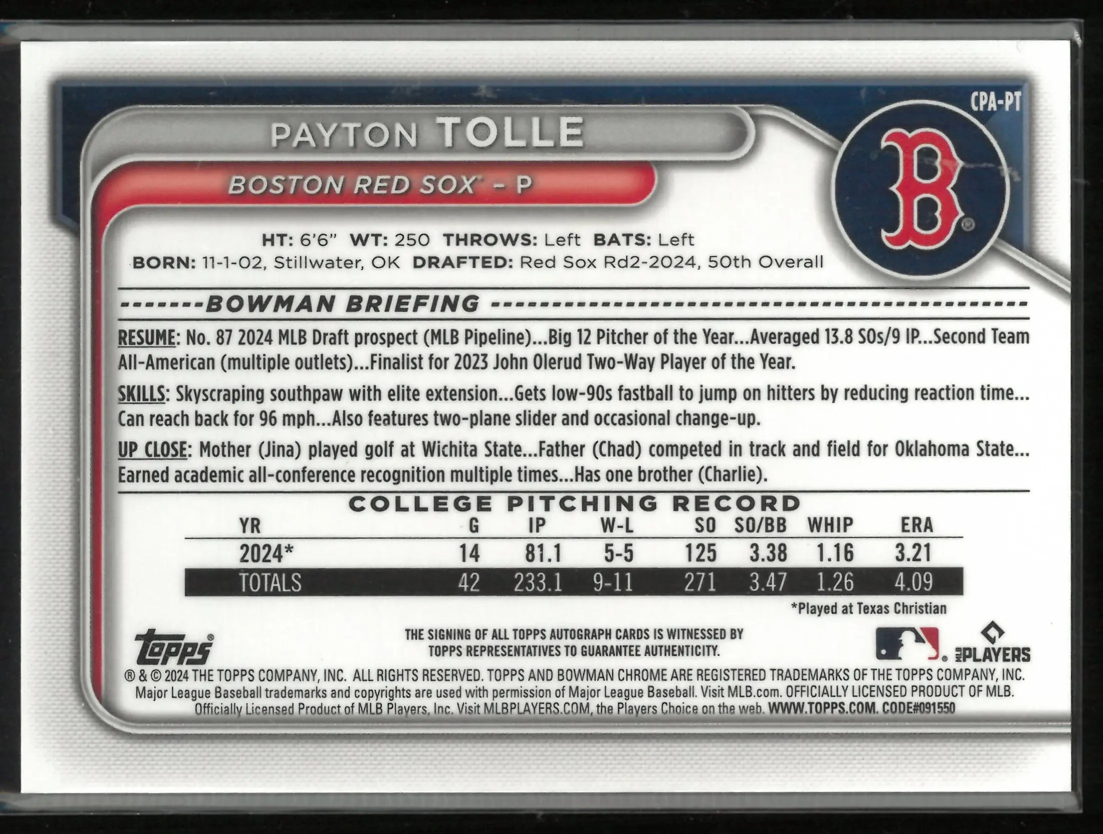 2024 Topps Bowman Chrome 1st Prospect Auto Payton Tolle #CPA-PT 