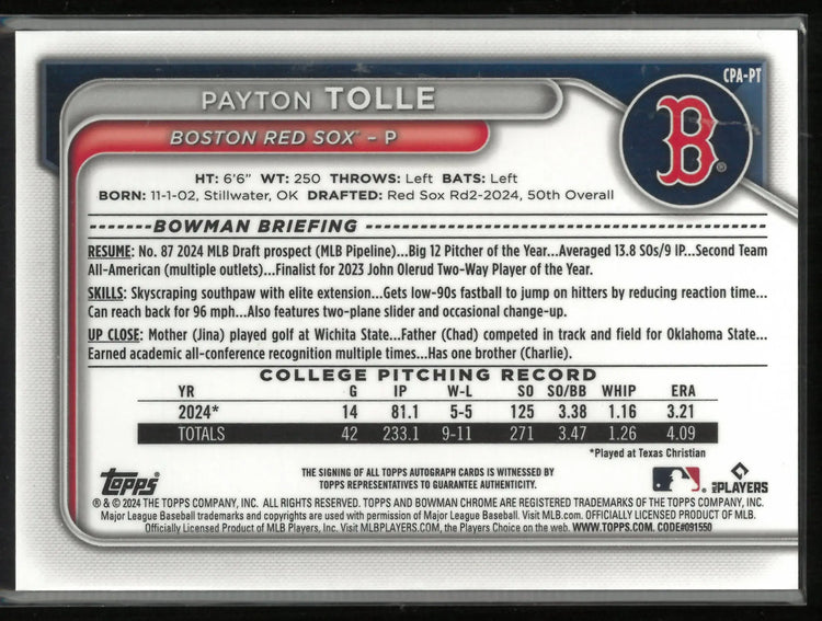 2024 Topps Bowman Chrome 1st Prospect Auto Payton Tolle #CPA-PT 