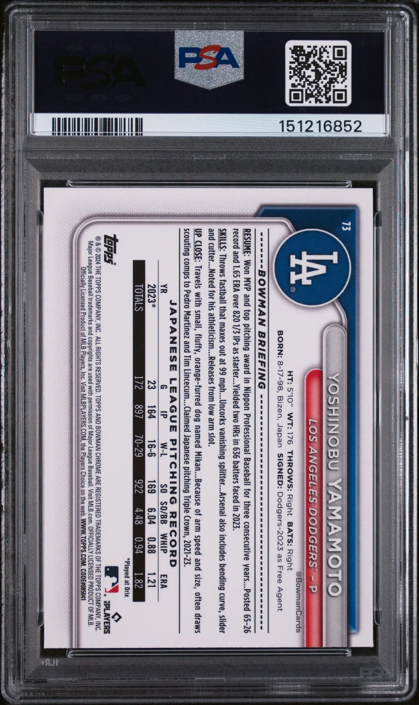 2024 Topps Bowman Chrome Sapphire Edition Rookie Yoshinobu Yamamoto RC PSA 10 
