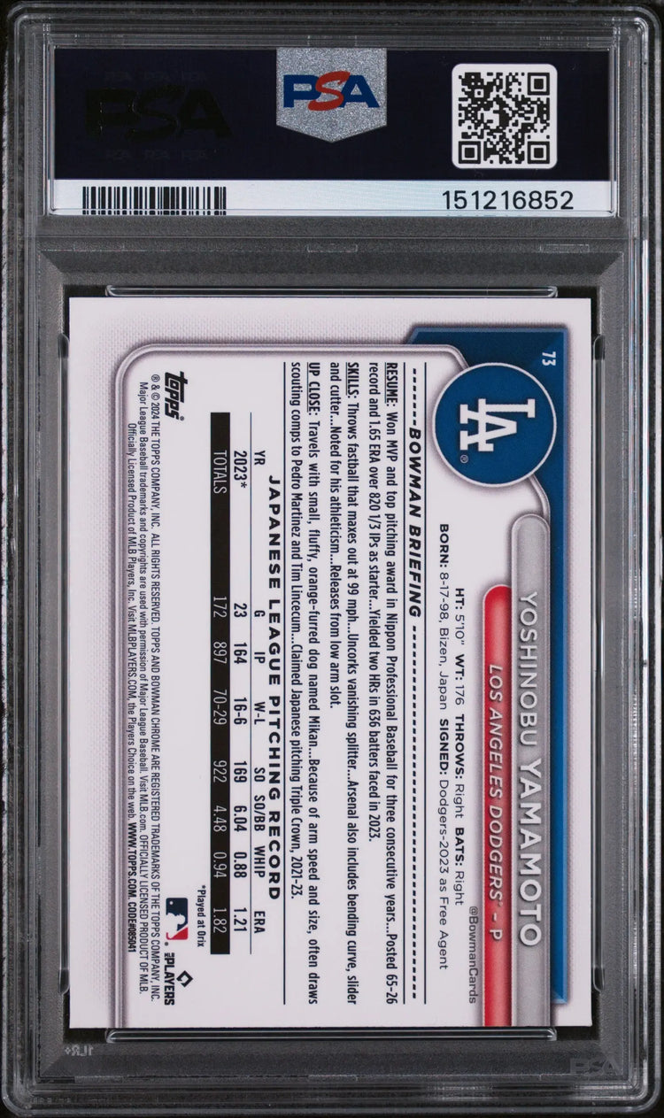 2024 Topps Bowman Chrome Sapphire Edition Rookie Yoshinobu Yamamoto RC PSA 10 