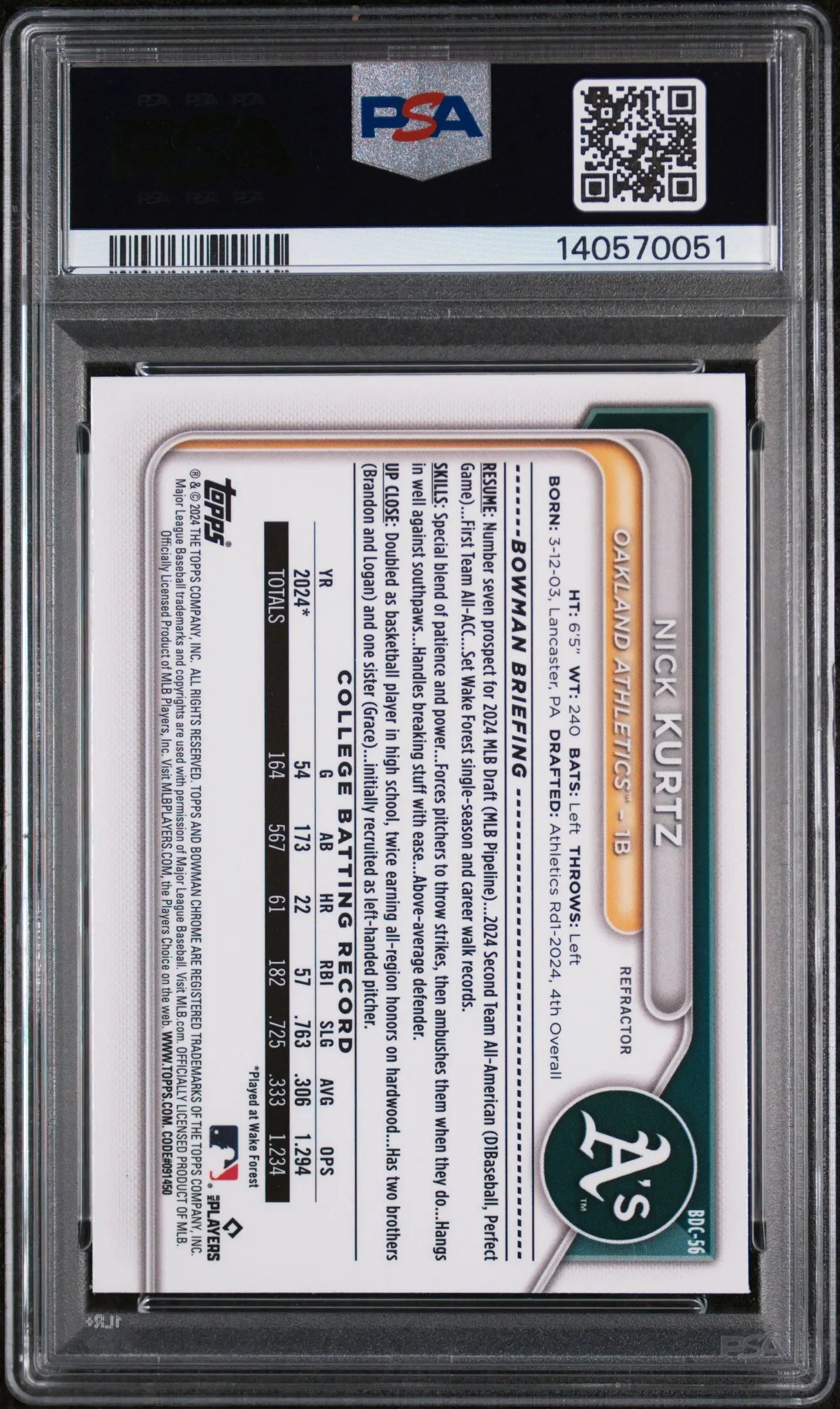 2024 Topps Bowman Draft Nick Kurtz Chrome Refractor PSA 8 