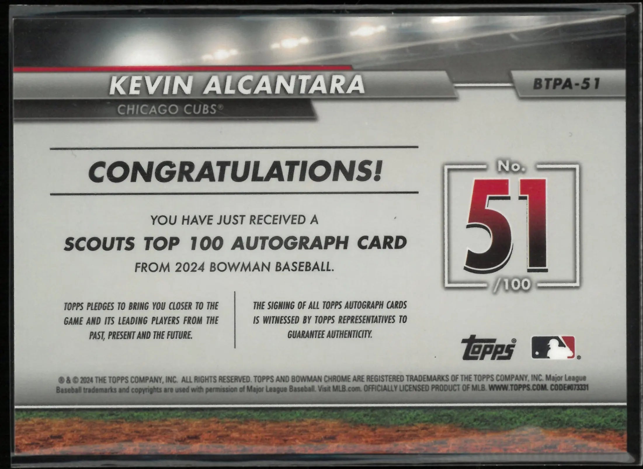2024 Topps Bowman Scouts Top 100 Autograph Kevin Alcantara Auto  /50 
