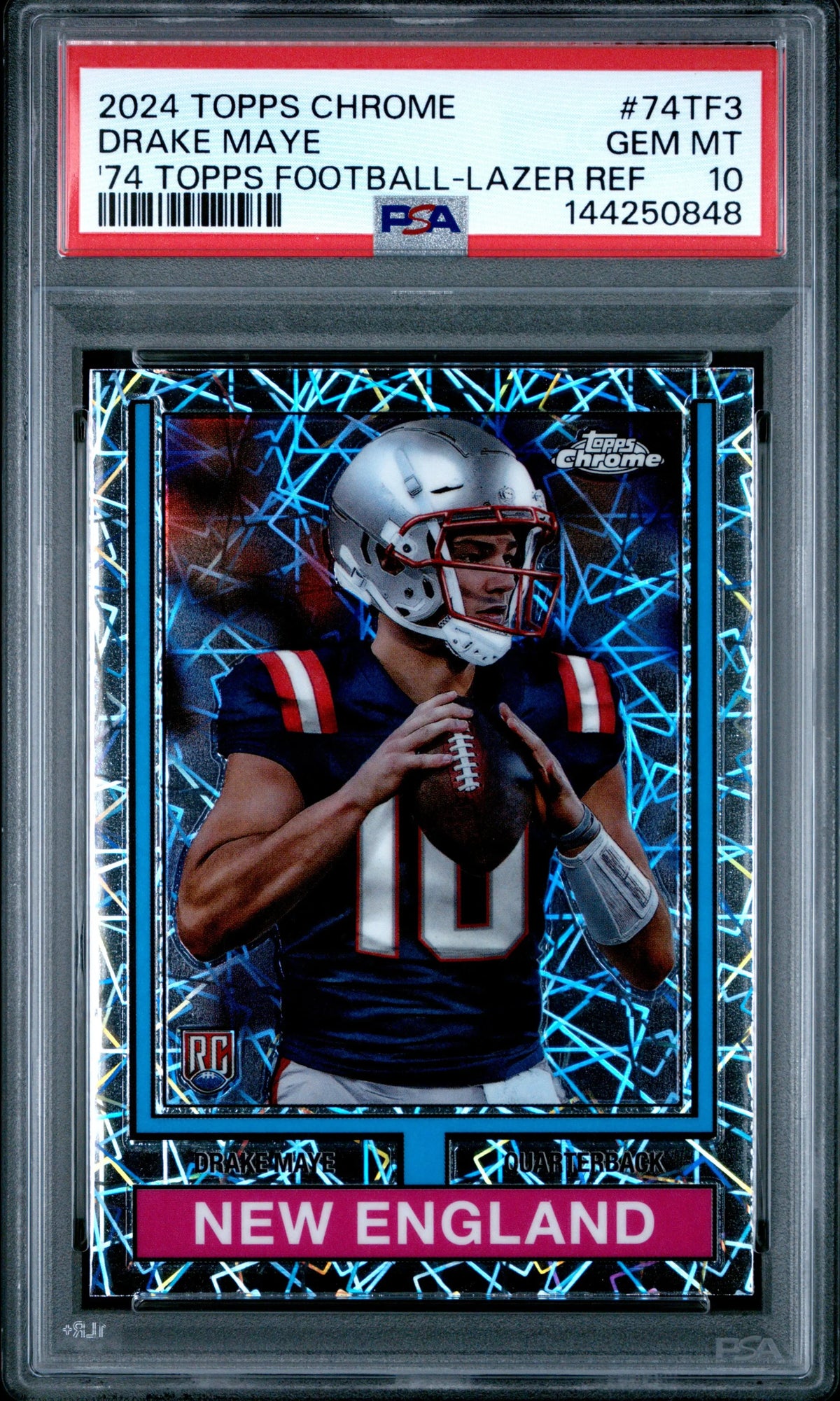 2024 Topps Chrome 1974 Topps Football Rookie Drake Maye Lazer Ref. RC PSA 10 