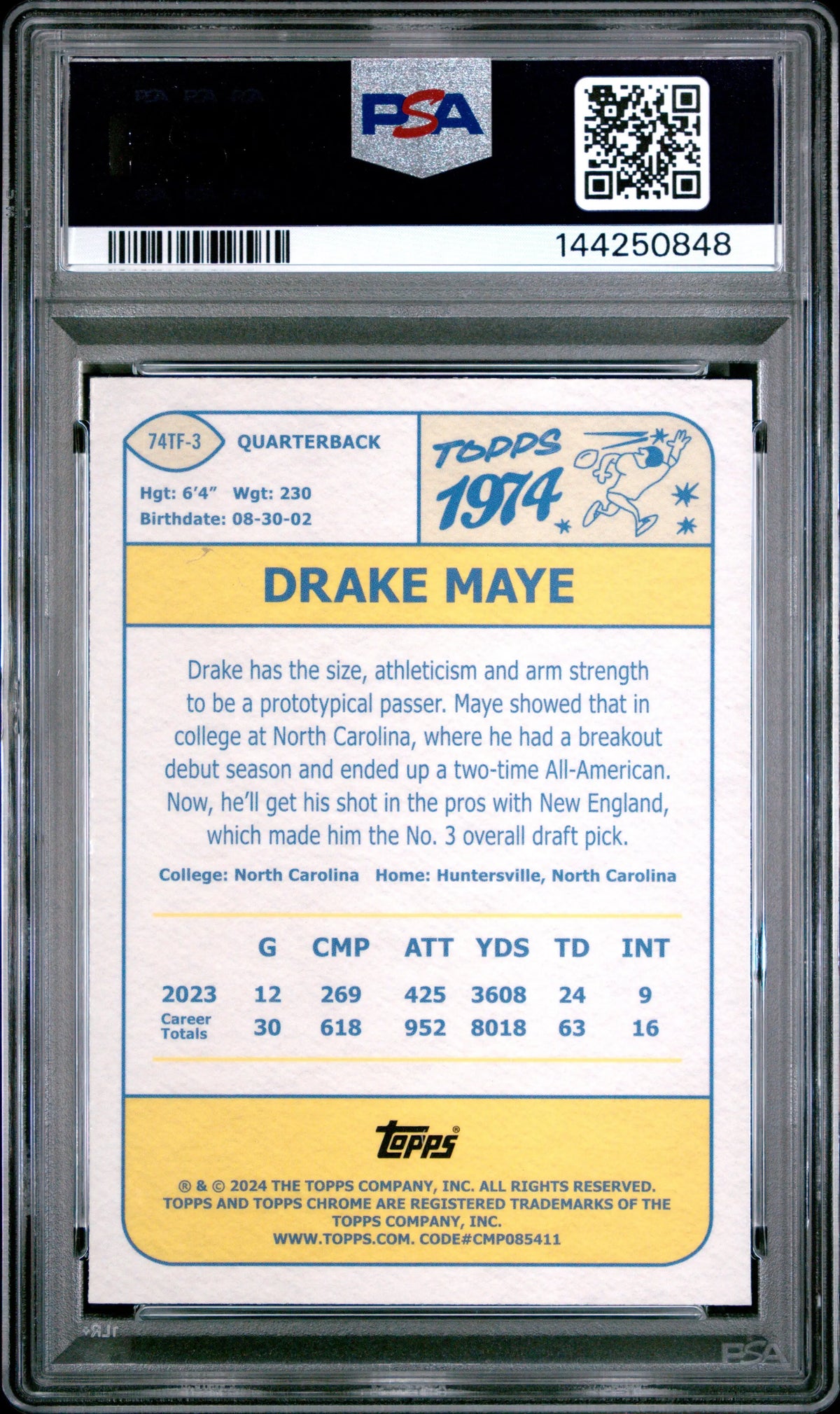 2024 Topps Chrome 1974 Topps Football Rookie Drake Maye Lazer Ref. RC PSA 10 
