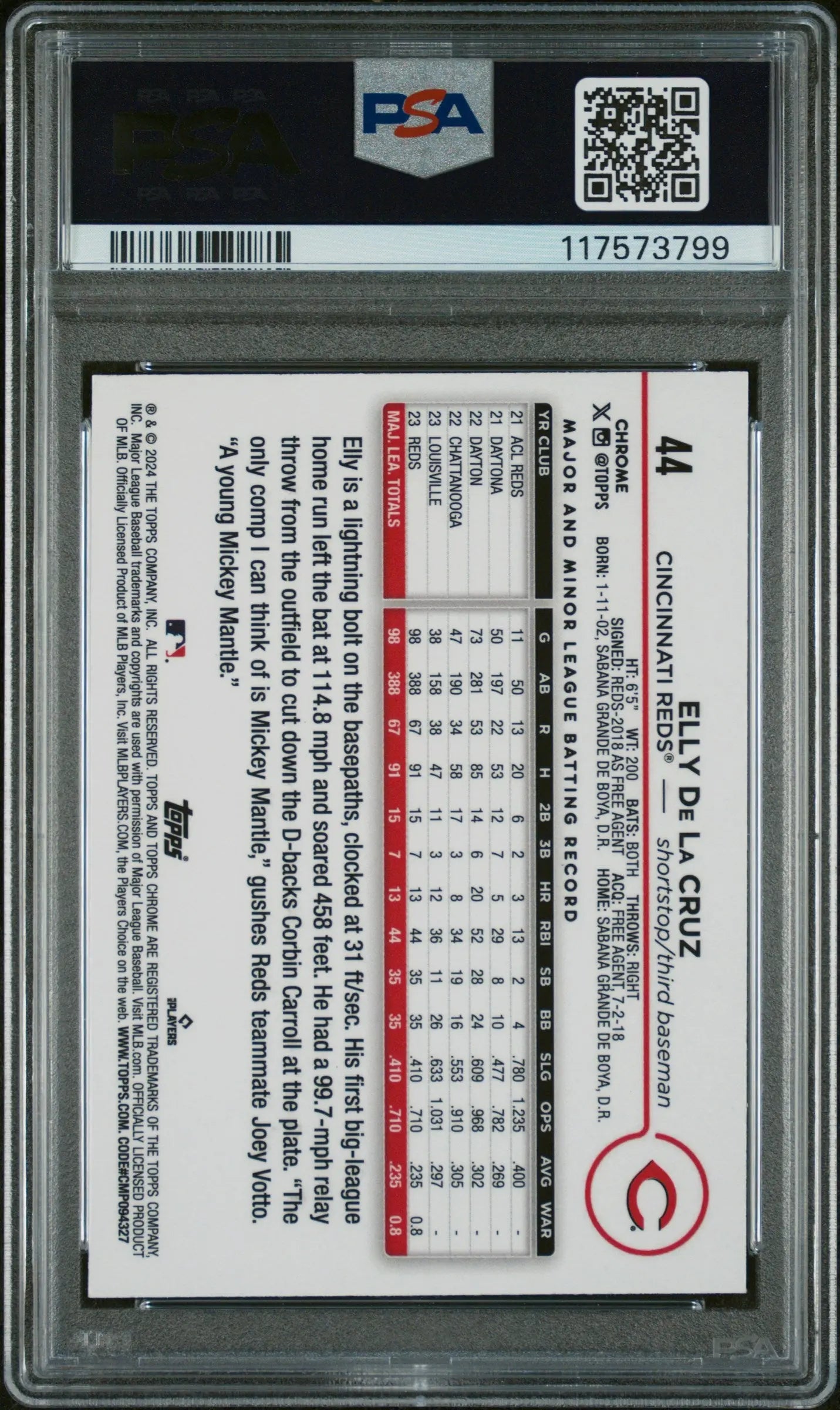 2024 Topps Chrome Baseball Elly De La Cruz RC Rookie Big Apple Refractor PSA 9 