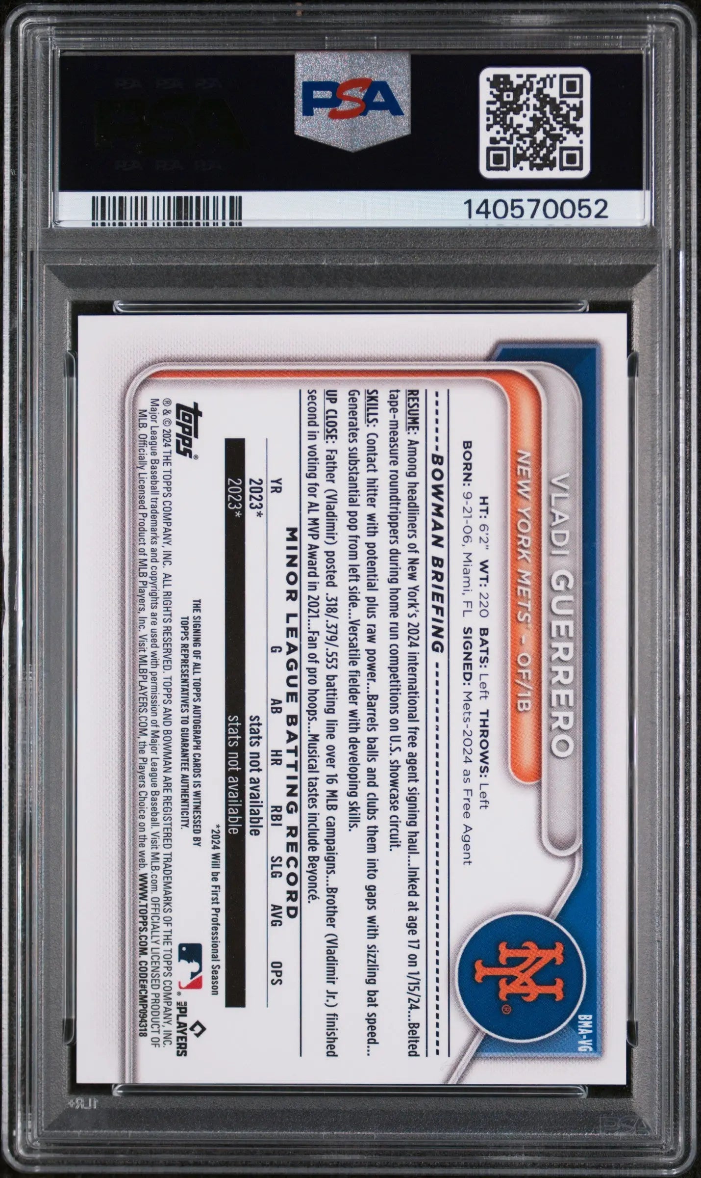 2024 Topps Chrome Bowman Prospect Autographs Vladi Guerrero Purple Ref/199 PSA 9 