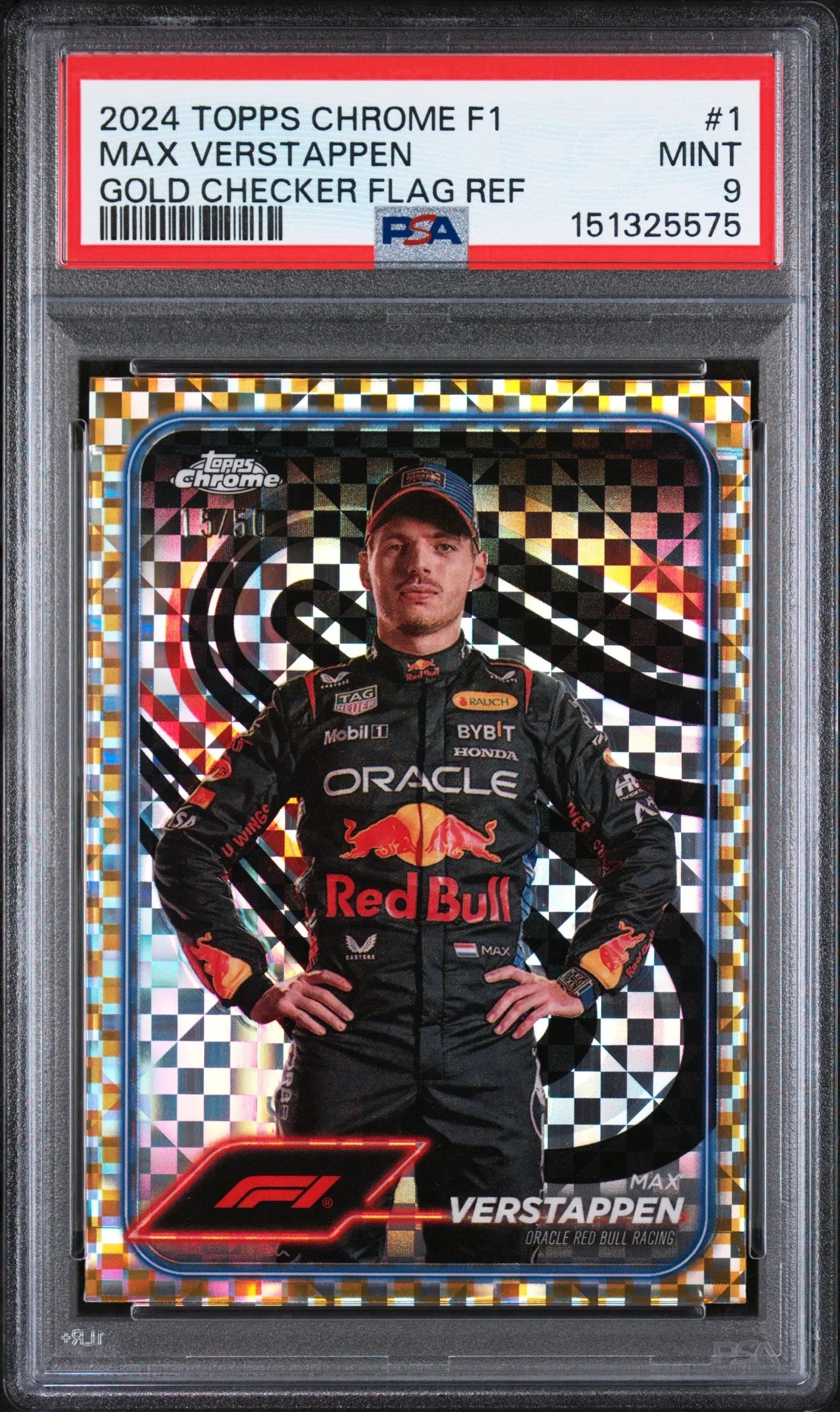 2024 Topps Chrome Formula 1 Max Verstappen Gold Checker Flag Refractor /50 PSA 9 
