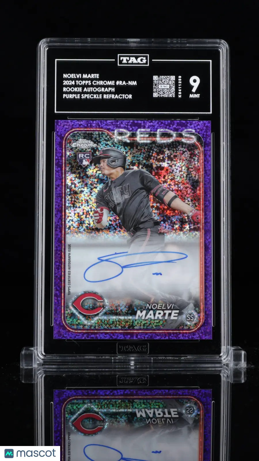 2024 Topps Chrome Noelvi Marte RC Purple Speckle Refractor Auto TAG 9 /299 