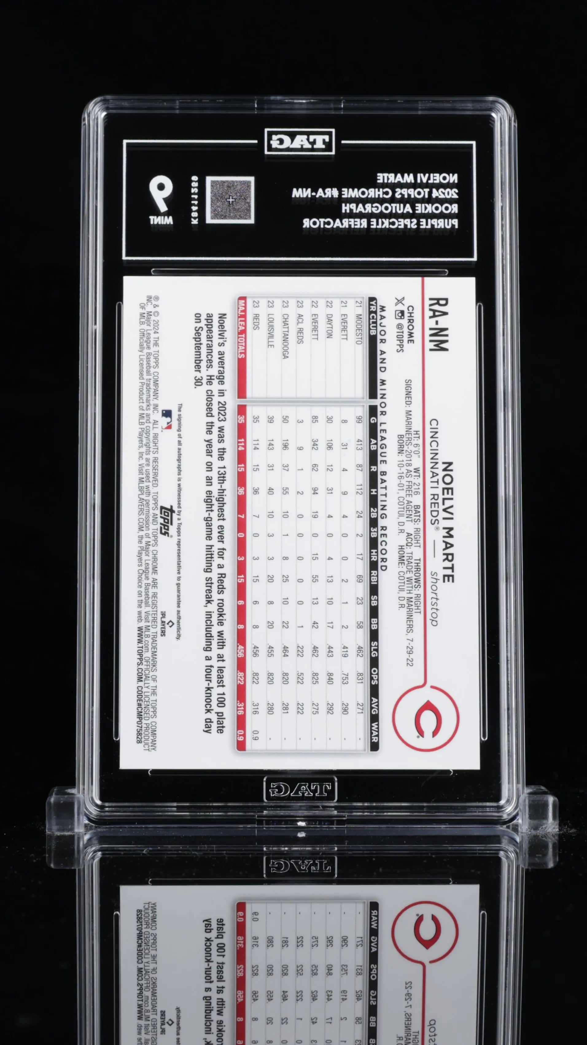 2024 Topps Chrome Noelvi Marte RC Purple Speckle Refractor Auto TAG 9 /299 