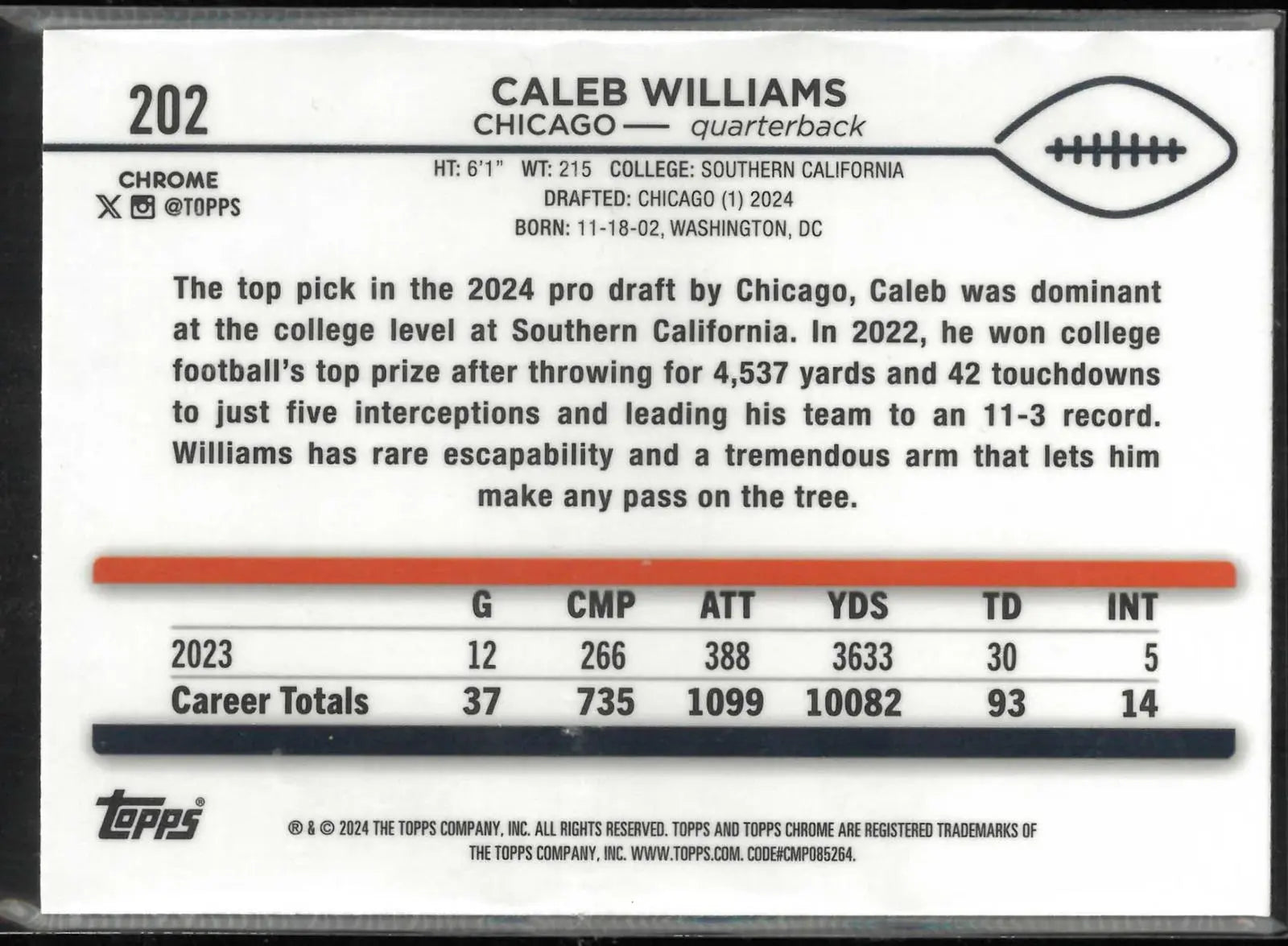 2024 Topps Chrome Rookie Caleb Williams Magenta Speckle /399 RC 